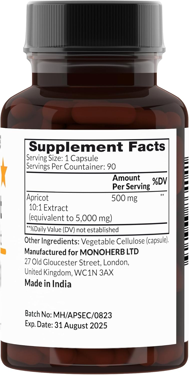 90 Vegetarian Capsules of MONOHERB Apricot Extract 500 mg - Natural Antioxidant Support Supplement