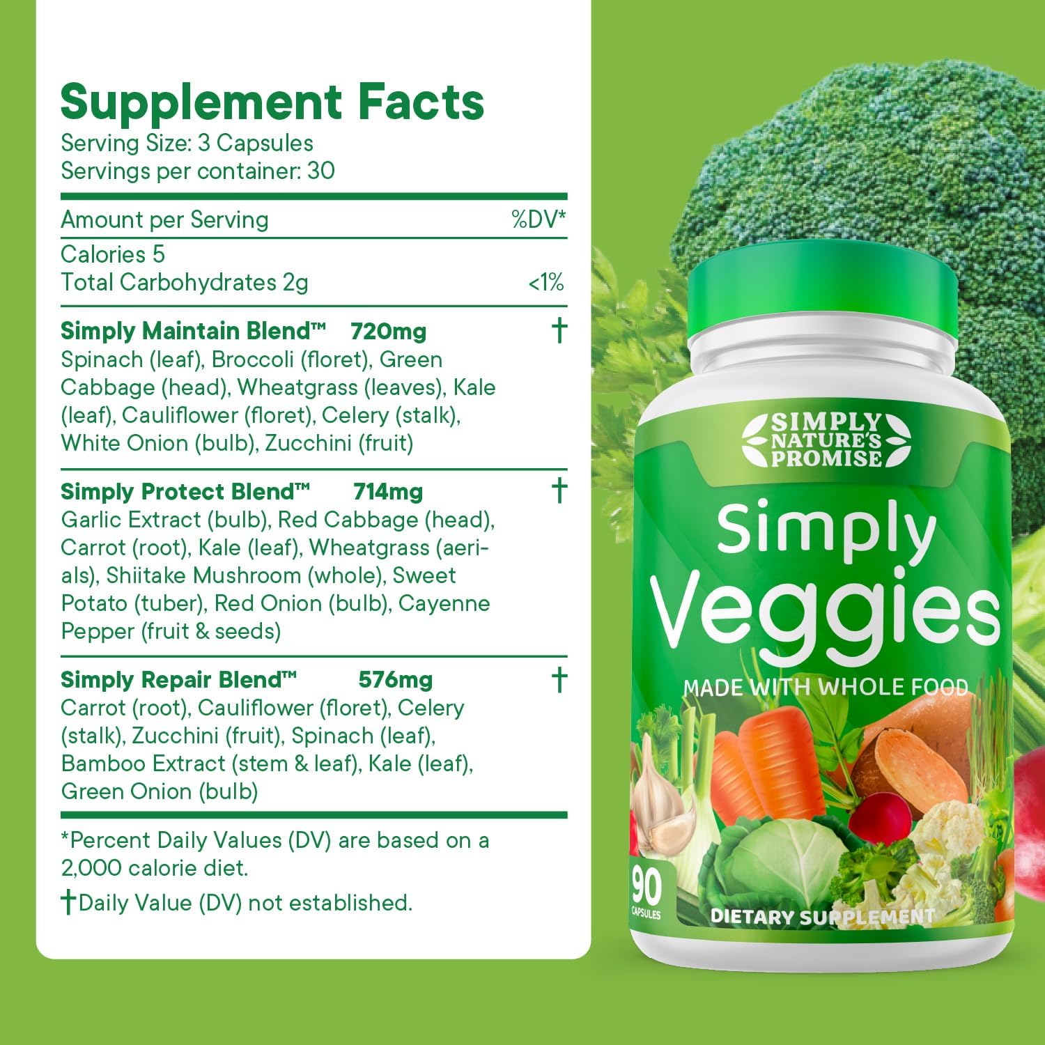90 Veggie Capsules with Whole Food Superfoods, Beta Carotene & 18 Vegetables - Soy Free