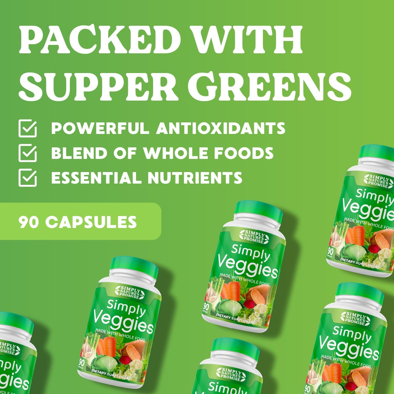 90 Veggie Capsules with Whole Food Superfoods, Beta Carotene & 18 Vegetables - Soy Free