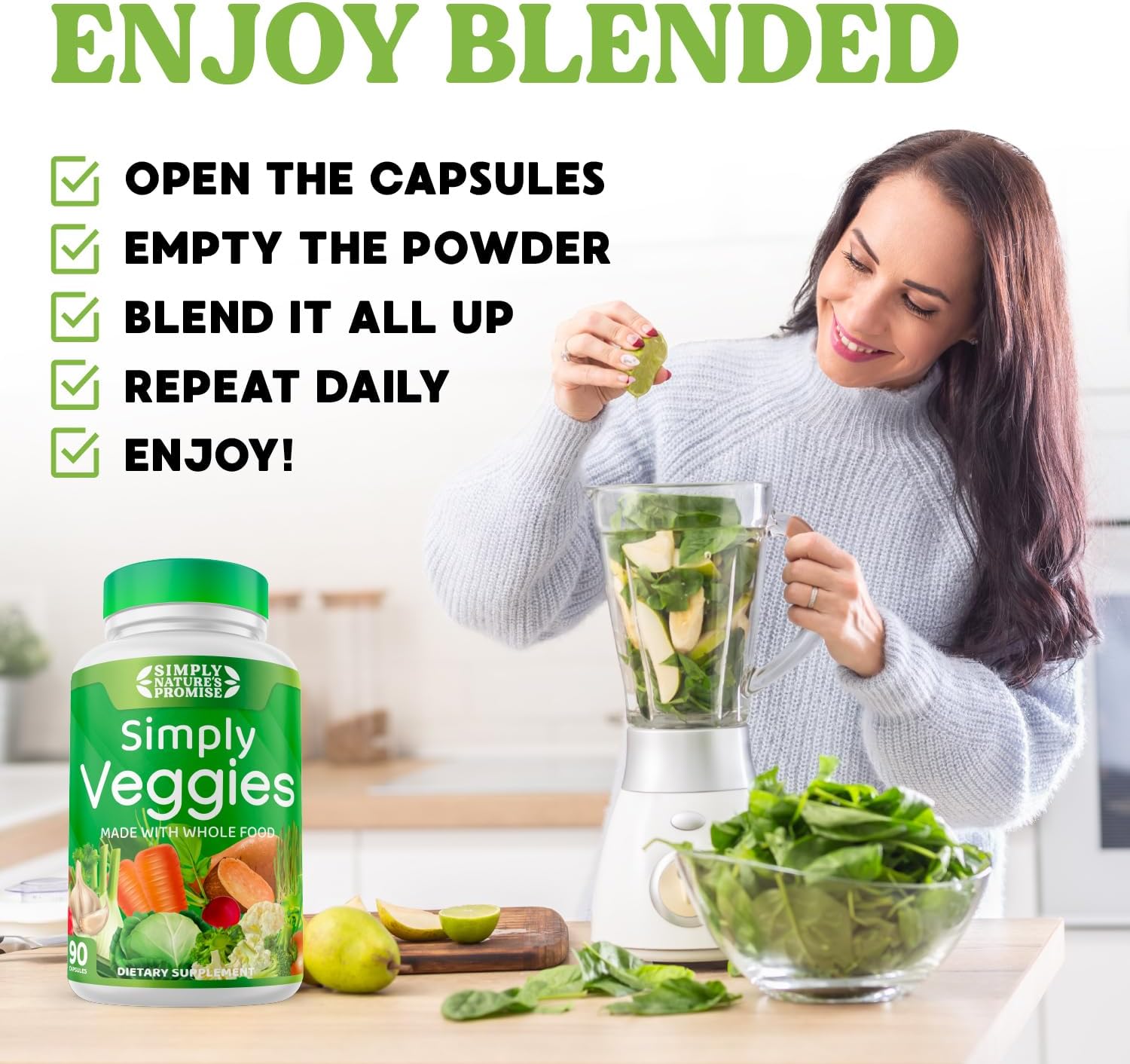 90 Veggie Capsules with Whole Food Superfoods, Beta Carotene & 18 Vegetables - Soy Free