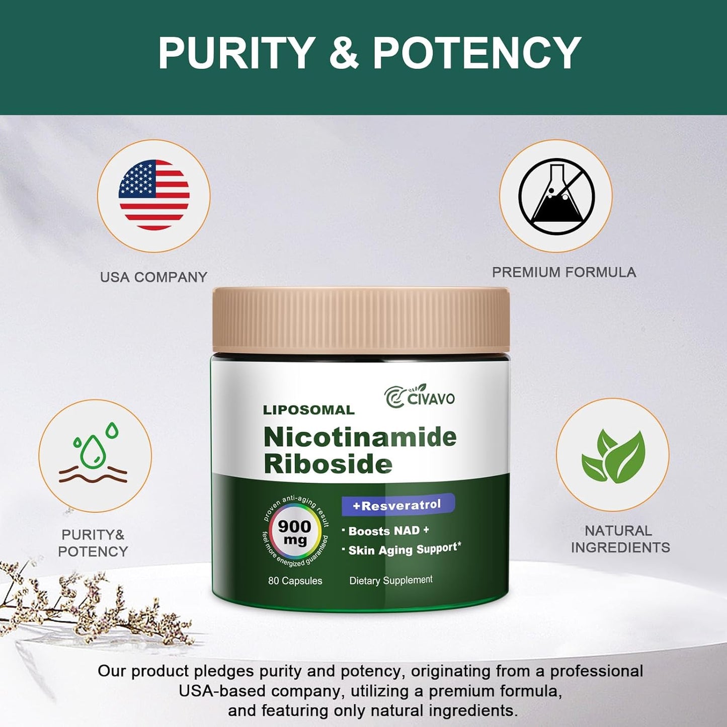 900MG Civavo NAD+ Supplement with Nicotinamide Riboside, Liposomal Resveratrol, Quercetin - Boosts Vitality & Cognitive Function