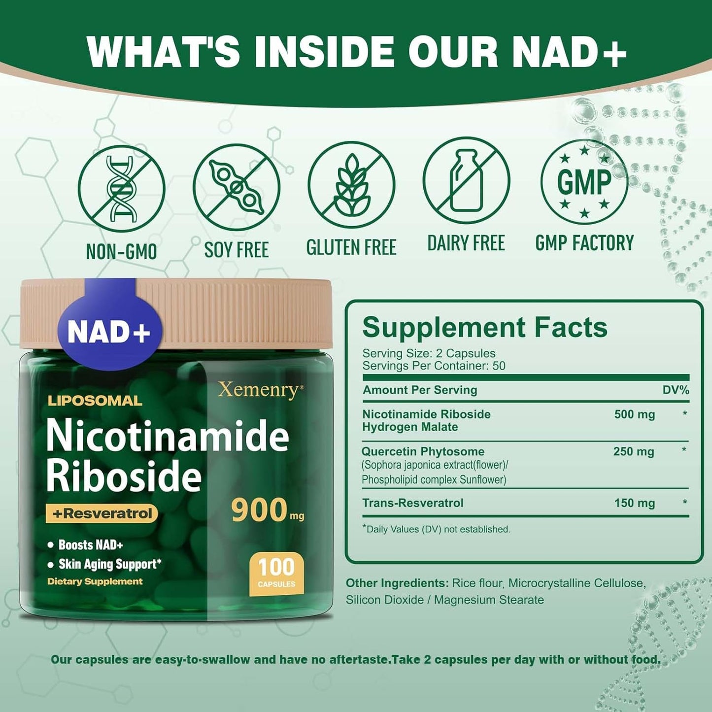900mg Liposomal Nicotinamide Riboside NAD+ Supplement - Anti-Aging, Energy, Focus - 100 Capsules, 50 Day Supply