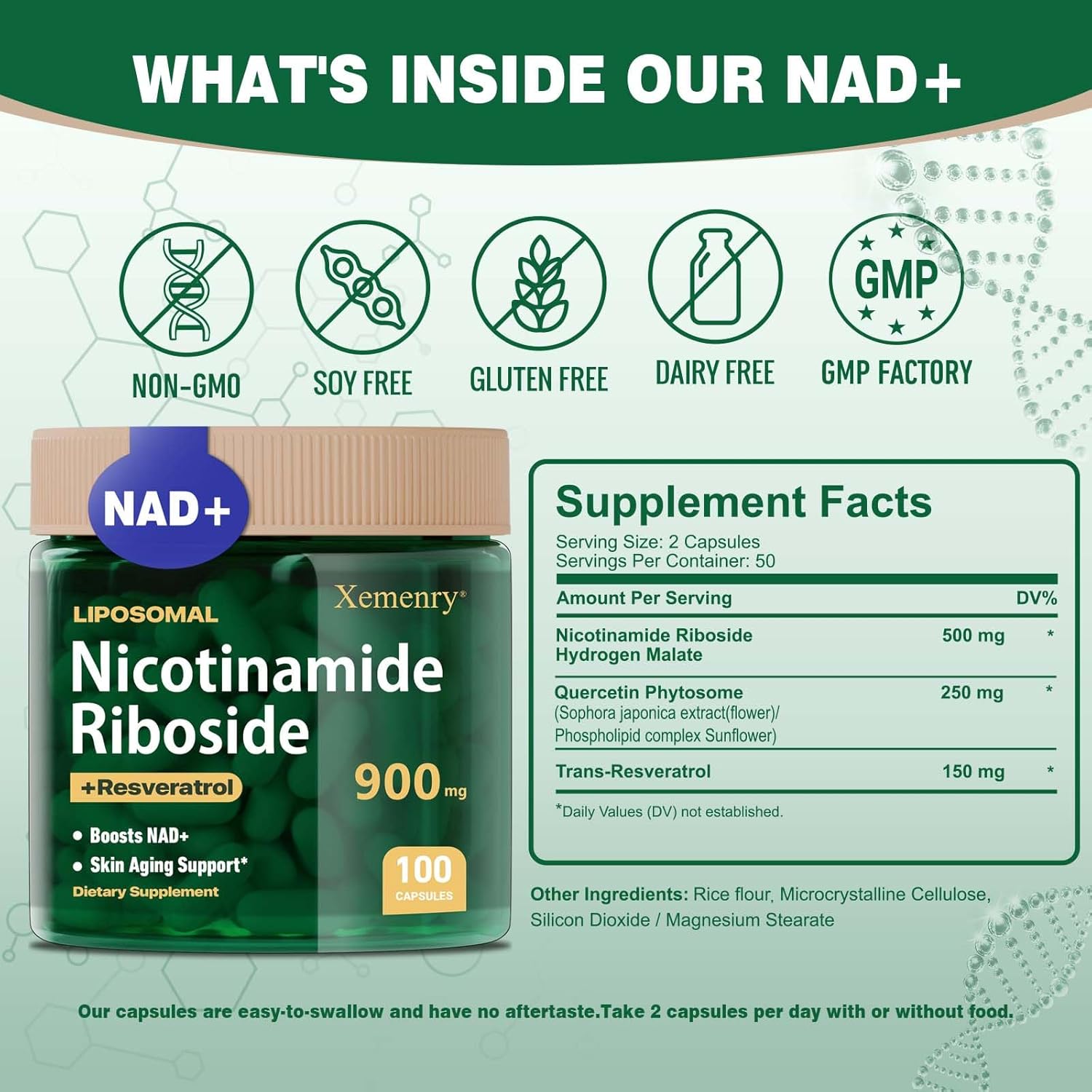 900mg Liposomal Nicotinamide Riboside NAD+ Supplement - Anti-Aging, Energy, Focus - 100 Capsules, 50 Day Supply