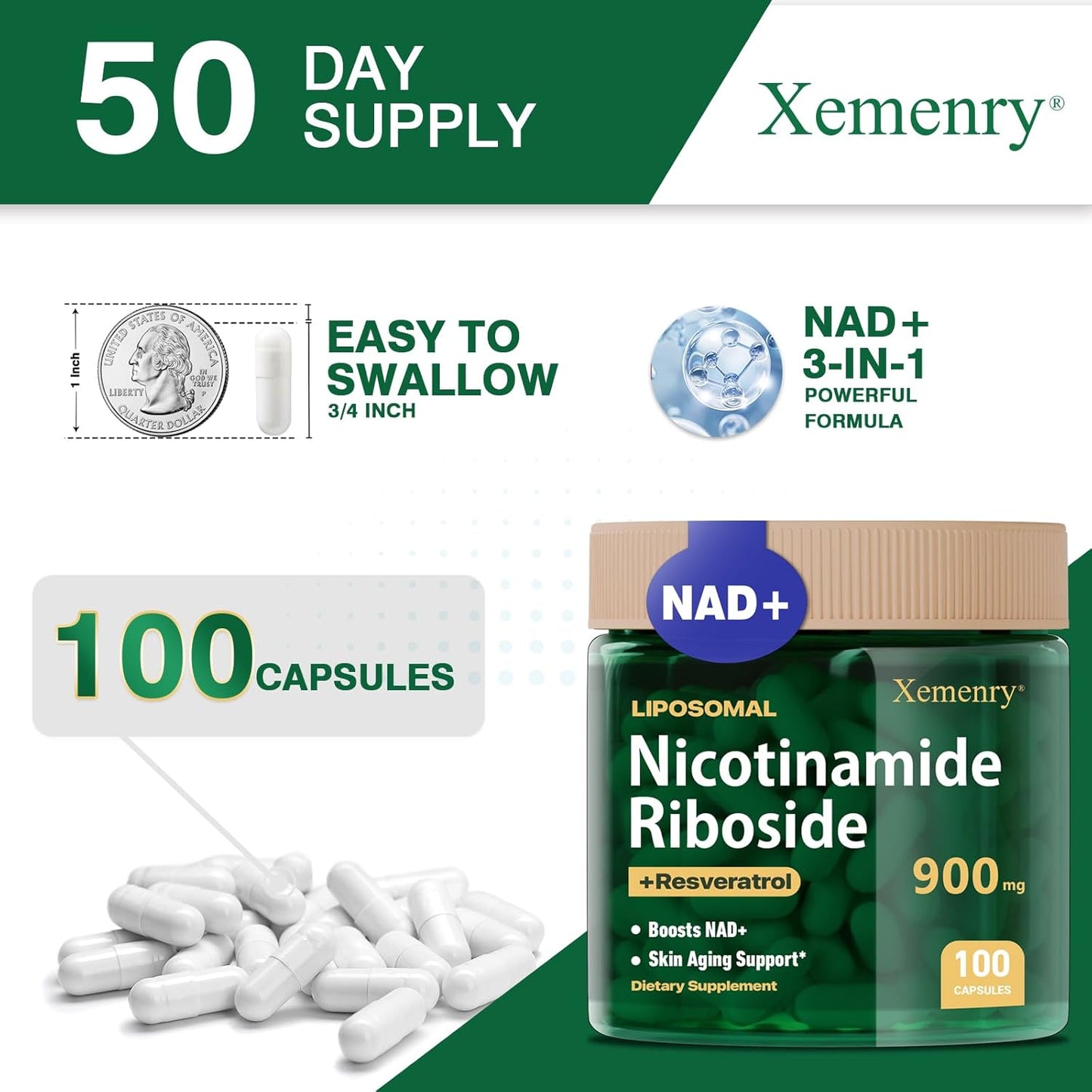 900mg Liposomal Nicotinamide Riboside NAD+ Supplement - Anti-Aging, Energy, Focus - 100 Capsules, 50 Day Supply