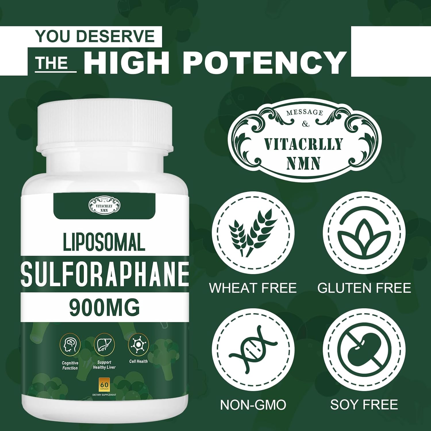 900MG Liposomal Sulforaphane Broccoli Extract Supplement - Liver Support for Antioxidant, Digestion, Cellular Health - 60 Capsules