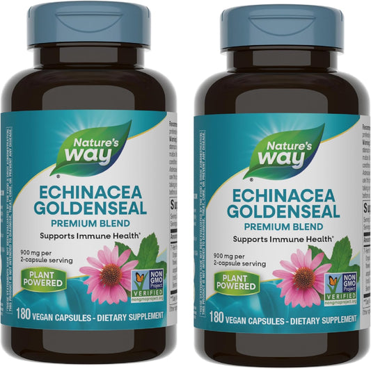 900mg Nature's Way Echinacea Goldenseal Capsules - Immune Support Blend with 7 Herbs - Cayenne Pepper, Gentian, Burdock - 180 Vegan Capsules (Pack of 2)