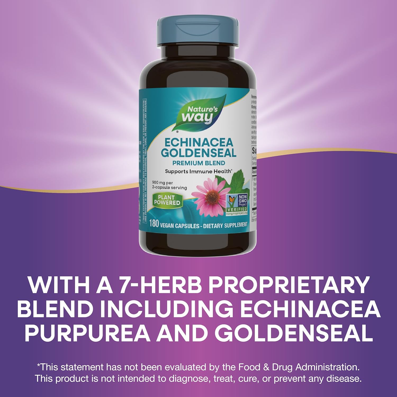 900mg Nature's Way Echinacea Goldenseal Capsules - Immune Support Blend with 7 Herbs - Cayenne Pepper, Gentian, Burdock - 180 Vegan Capsules (Pack of 2)