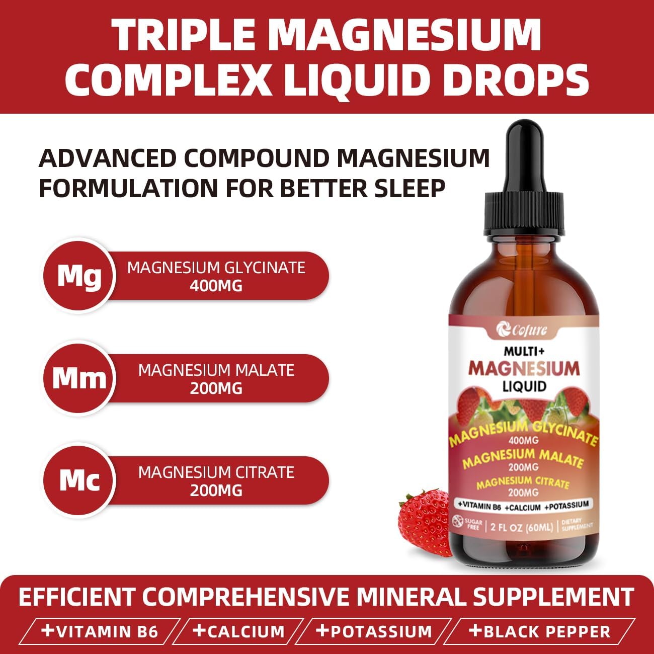 900mg Triple Magnesium Liquid Supplement with Potassium, Calcium, Vitamin B6 - Strawberry Flavor - Promotes Calm, Sleep, Muscle, Energy - Sugar Free - 2 Fl Oz