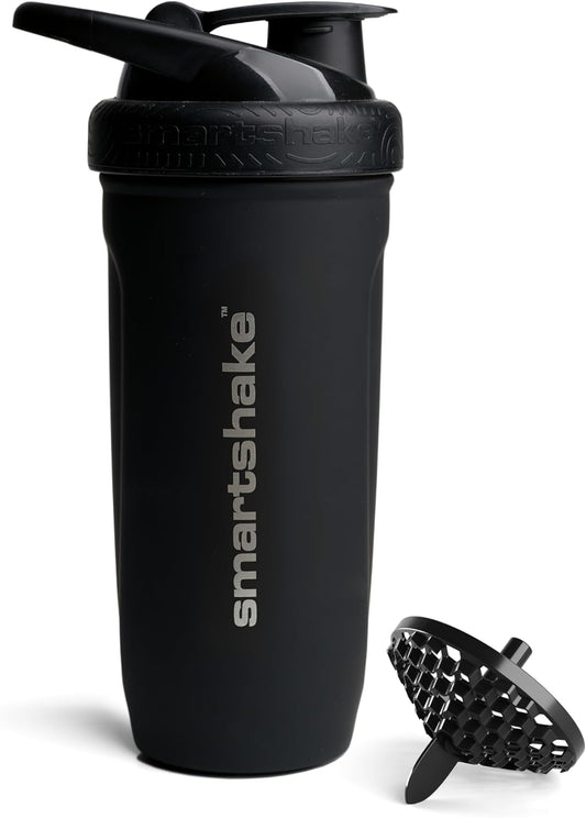 900ml Stainless Steel Smartshake Reforce Protein Shaker Bottle - Leakproof Lid, BPA Free, 30oz, Black Color