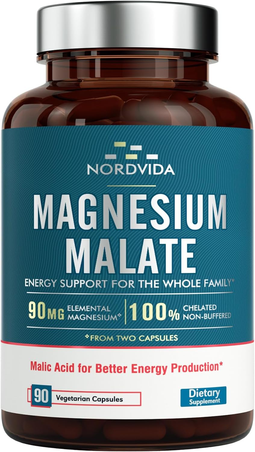 90mg Nordvida Magnesium Malate Capsules for Adults & Kids, Fully Chelated with Malic Acid for Energy & Muscle Health, Gut Friendly & Easy to Swallow