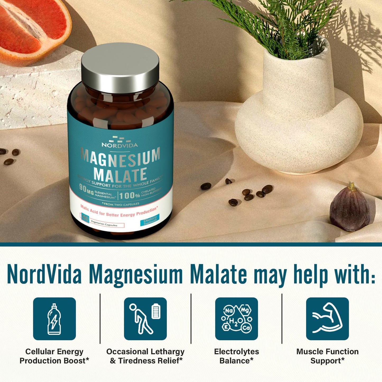 90mg Nordvida Magnesium Malate Capsules for Adults & Kids, Fully Chelated with Malic Acid for Energy & Muscle Health, Gut Friendly & Easy to Swallow