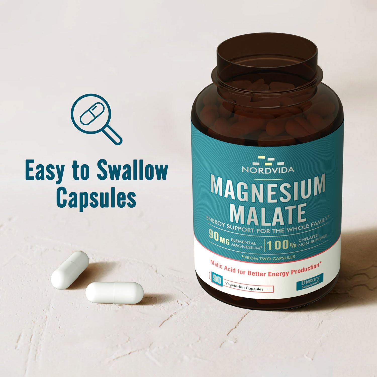 90mg Nordvida Magnesium Malate Capsules for Adults & Kids, Fully Chelated with Malic Acid for Energy & Muscle Health, Gut Friendly & Easy to Swallow