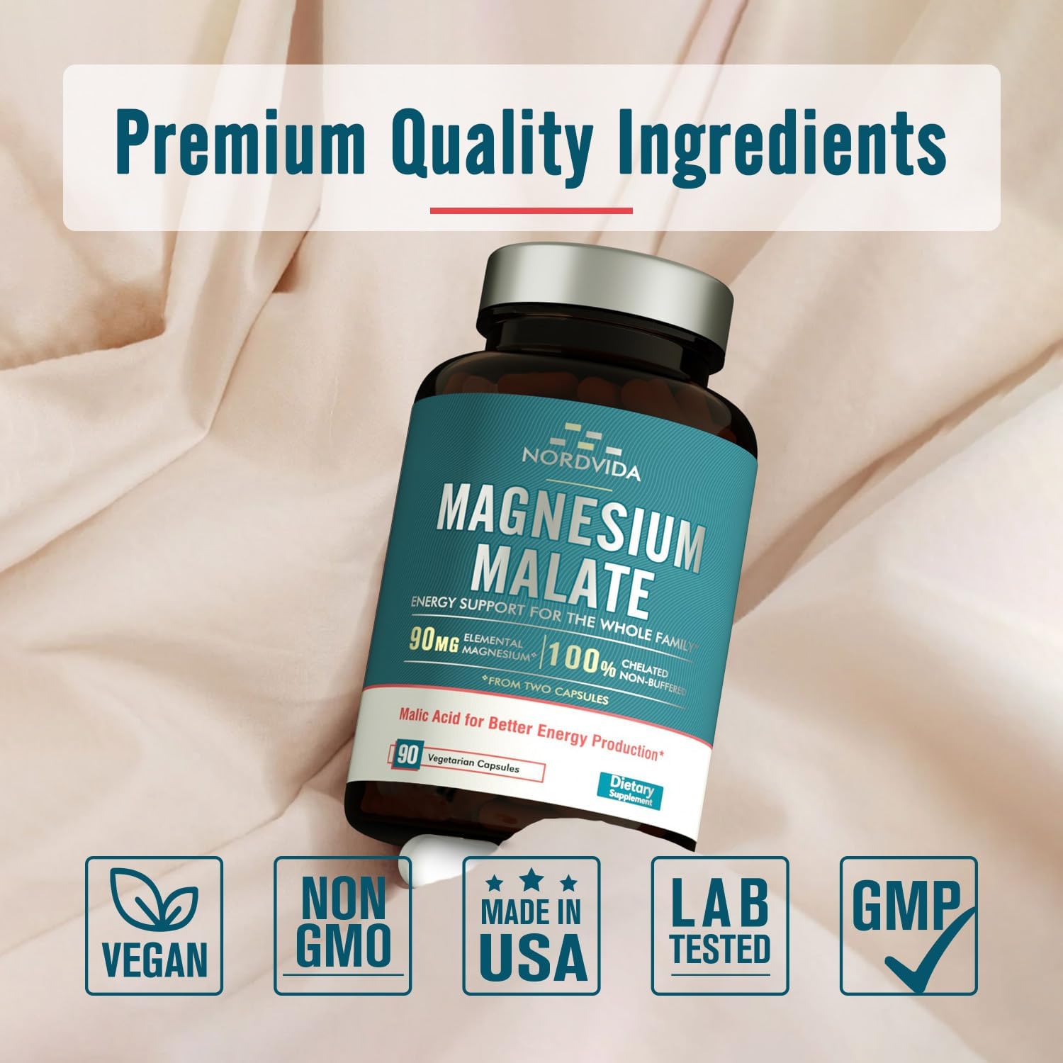 90mg Nordvida Magnesium Malate Capsules for Adults & Kids, Fully Chelated with Malic Acid for Energy & Muscle Health, Gut Friendly & Easy to Swallow