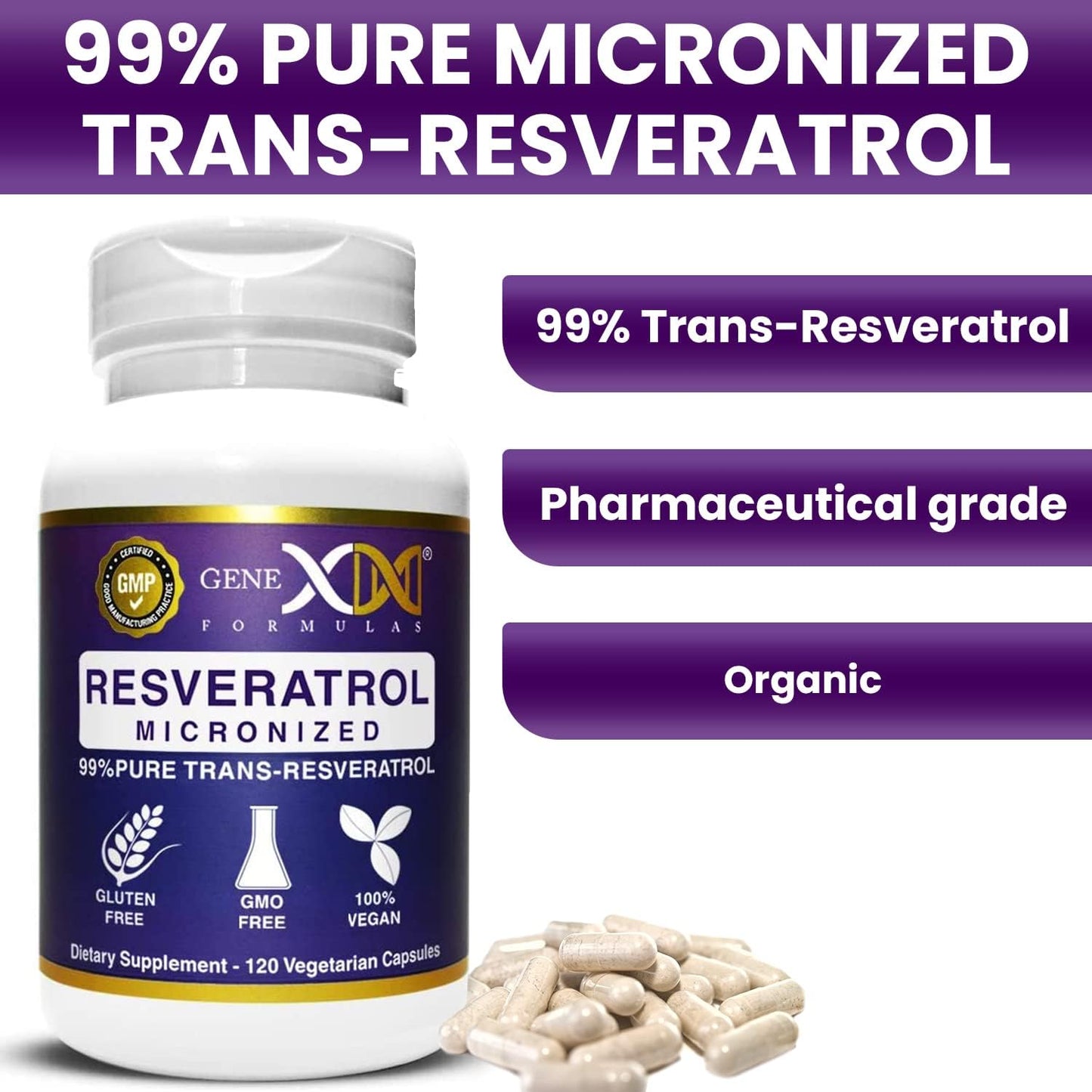 99% Micronized Trans-Resveratrol Capsules with BioPerine for Healthy Aging - 1000mg, 120 Capsules - Organic Pharmaceutical Grade Formula by Genex