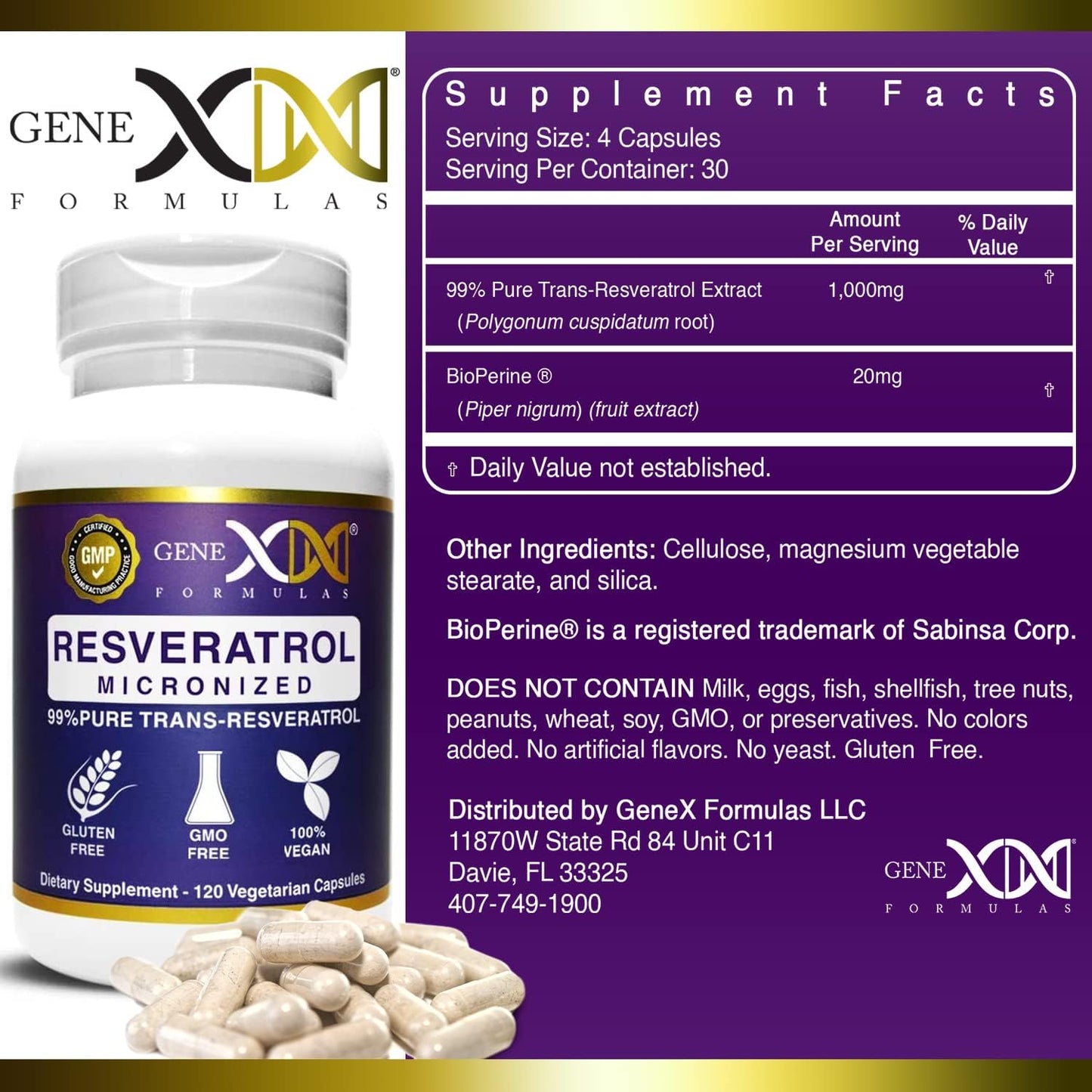 99% Micronized Trans-Resveratrol Capsules with BioPerine for Healthy Aging - 1000mg, 120 Capsules - Organic Pharmaceutical Grade Formula by Genex