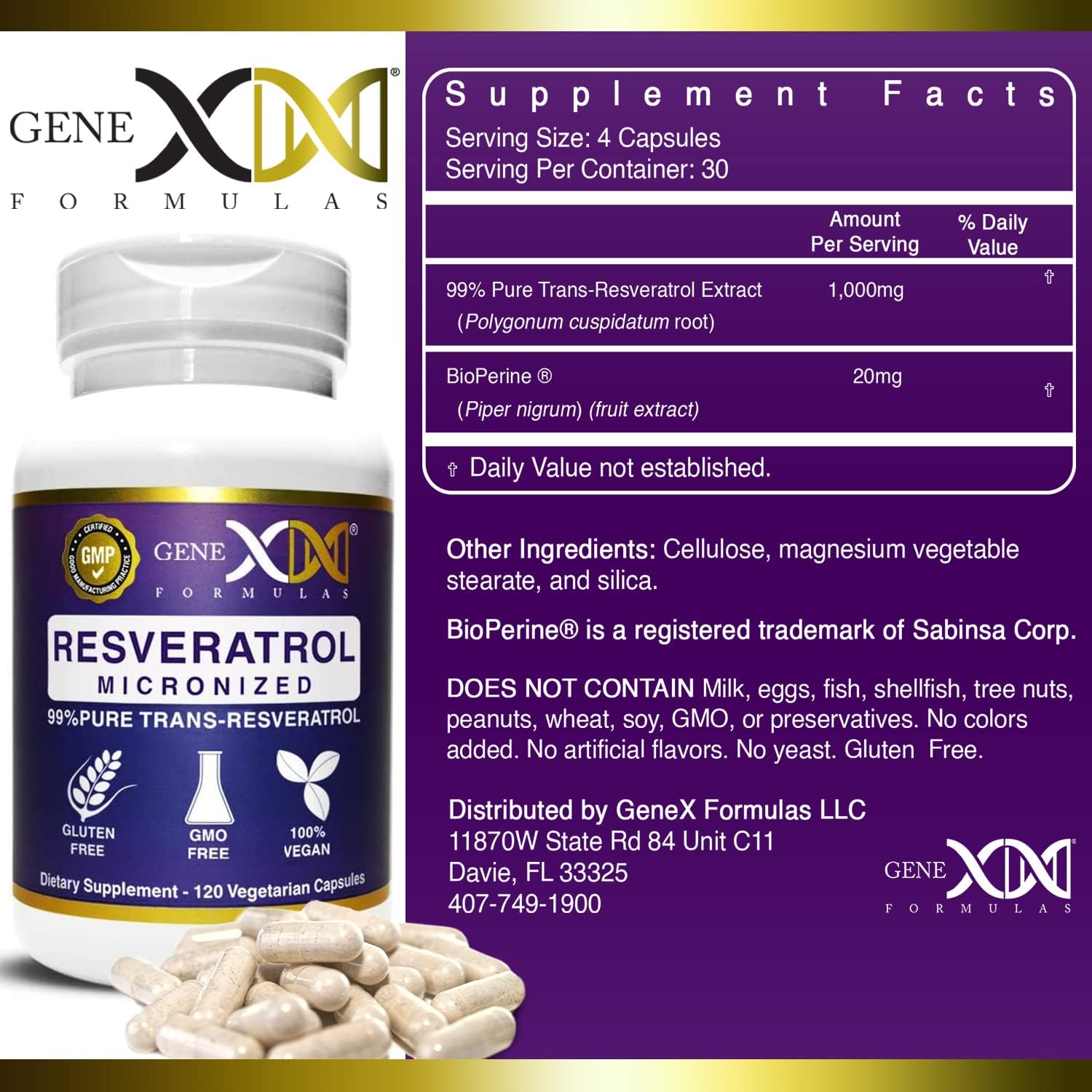 99% Micronized Trans-Resveratrol Capsules with BioPerine for Healthy Aging - 1000mg, 120 Capsules - Organic Pharmaceutical Grade Formula by Genex