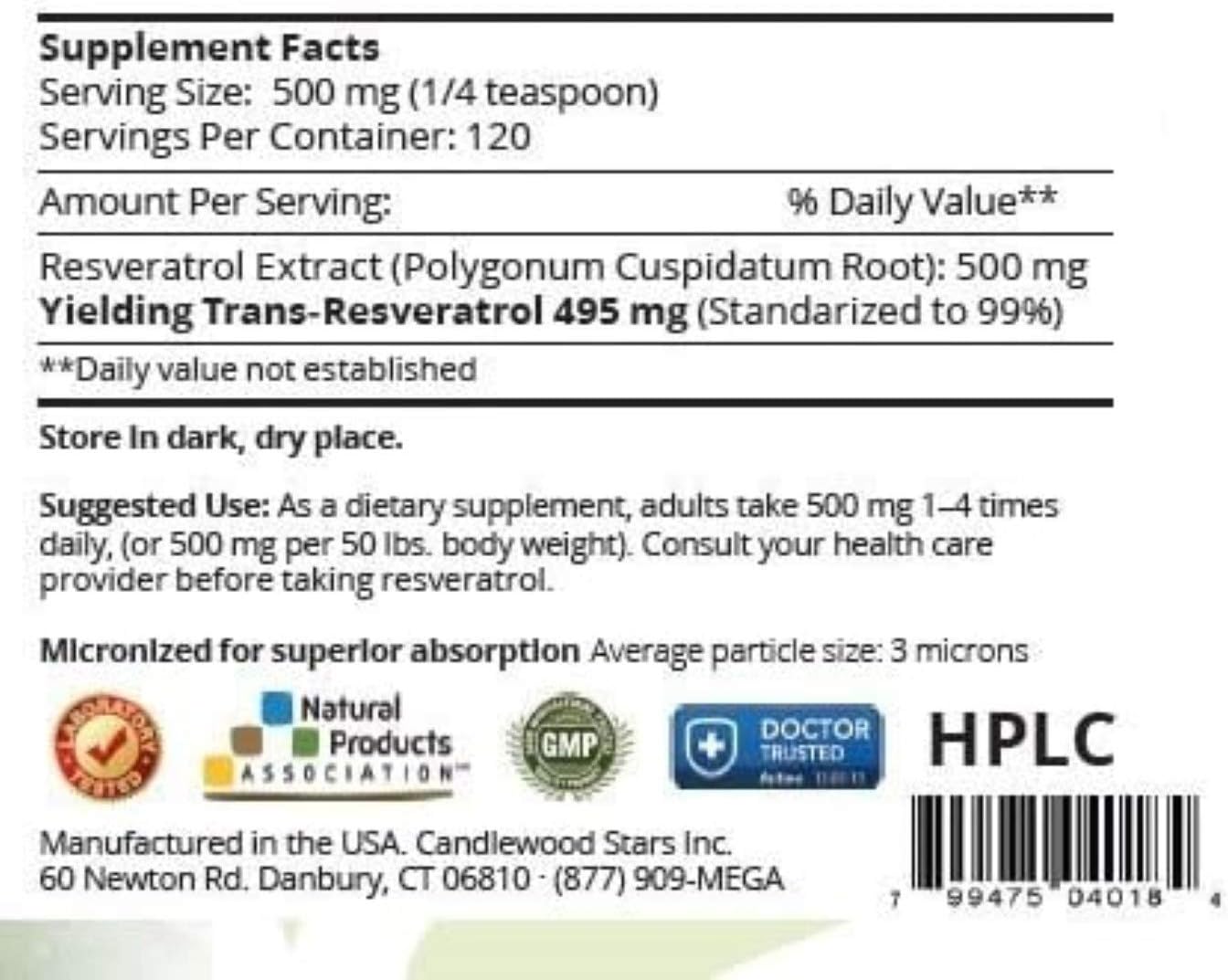 99% Pure Micronized Trans-Resveratrol Powder - 60g Pharmaceutical Grade, Certified Purity, Excipients Free