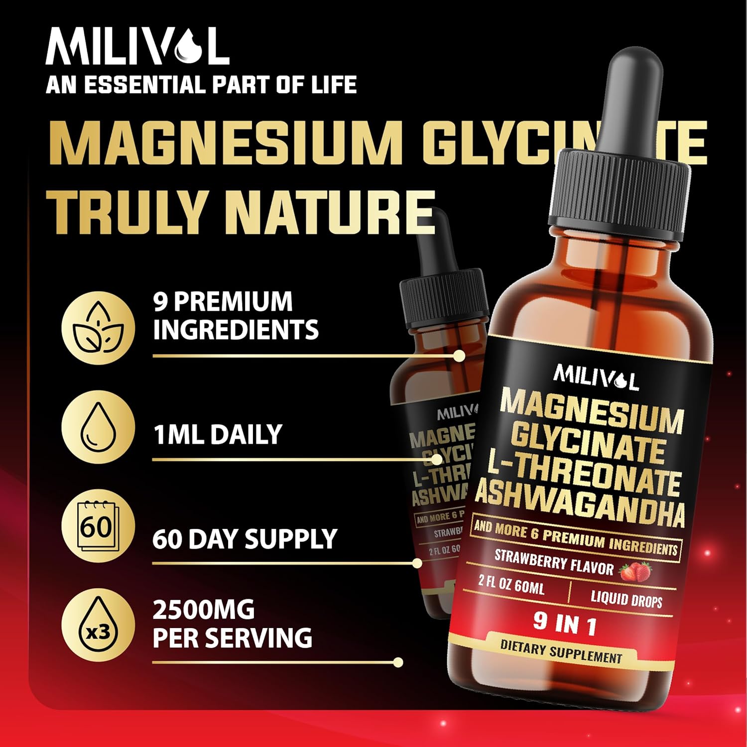 9in1 Magnesium Glycinate Liquid Drops with Ashwagandha, Rhodiola Rosea, Lions Mane & More for Mind & Immune Support - 2 Month Supply - Strawberry Flavor - 2 Fl Oz