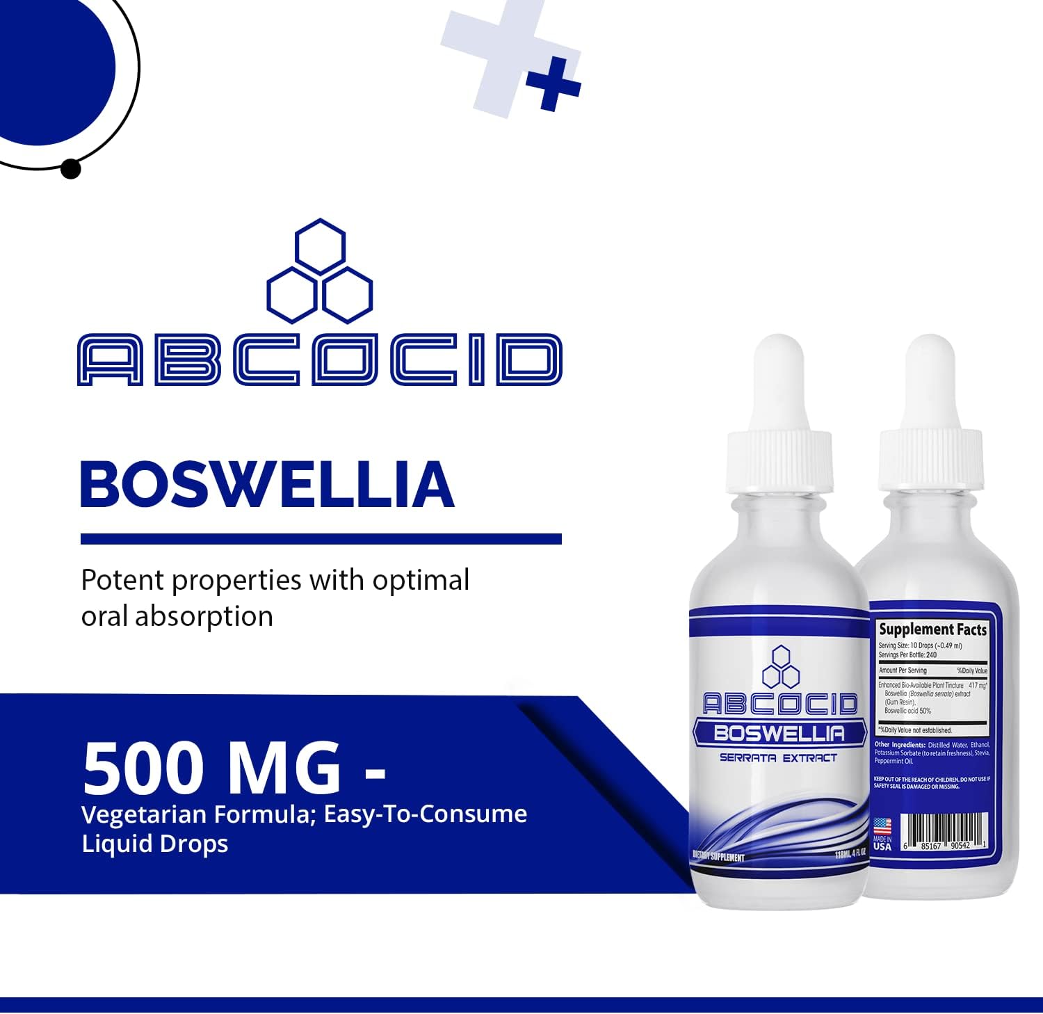 ABCOCID Boswellia Extract Liquid - 417mg, 4oz, 240 Servings - USA Made, Fast Absorption, Non-GMO, GMP Certified, Cruelty-Free