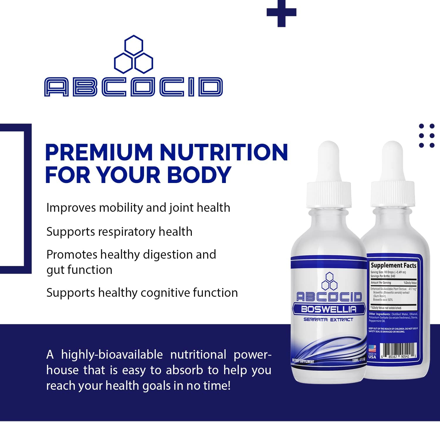 ABCOCID Boswellia Extract Liquid - 417mg, 4oz, 240 Servings - USA Made, Fast Absorption, Non-GMO, GMP Certified, Cruelty-Free