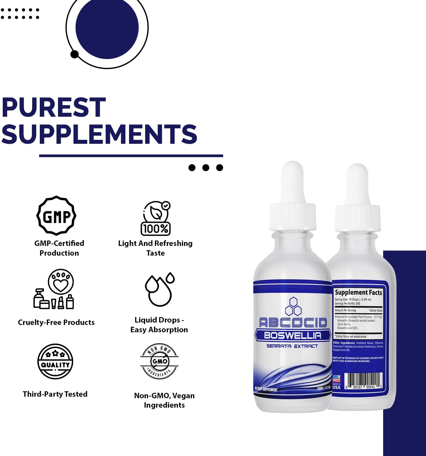 ABCOCID Boswellia Extract Liquid - 417mg, 4oz, 240 Servings - USA Made, Fast Absorption, Non-GMO, GMP Certified, Cruelty-Free