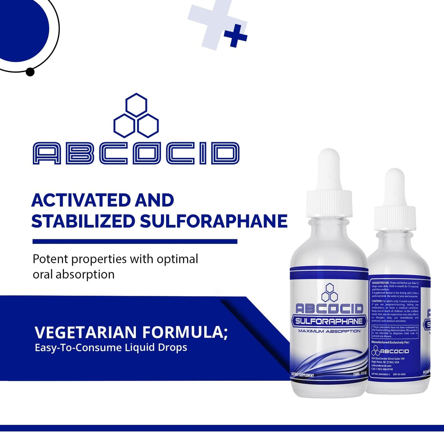 ABCOCID Sulforaphane Liquid Supplement 490mg - 4oz, Made in USA, High Absorption, Non-GMO, GMP Certified, Cruelty-Free