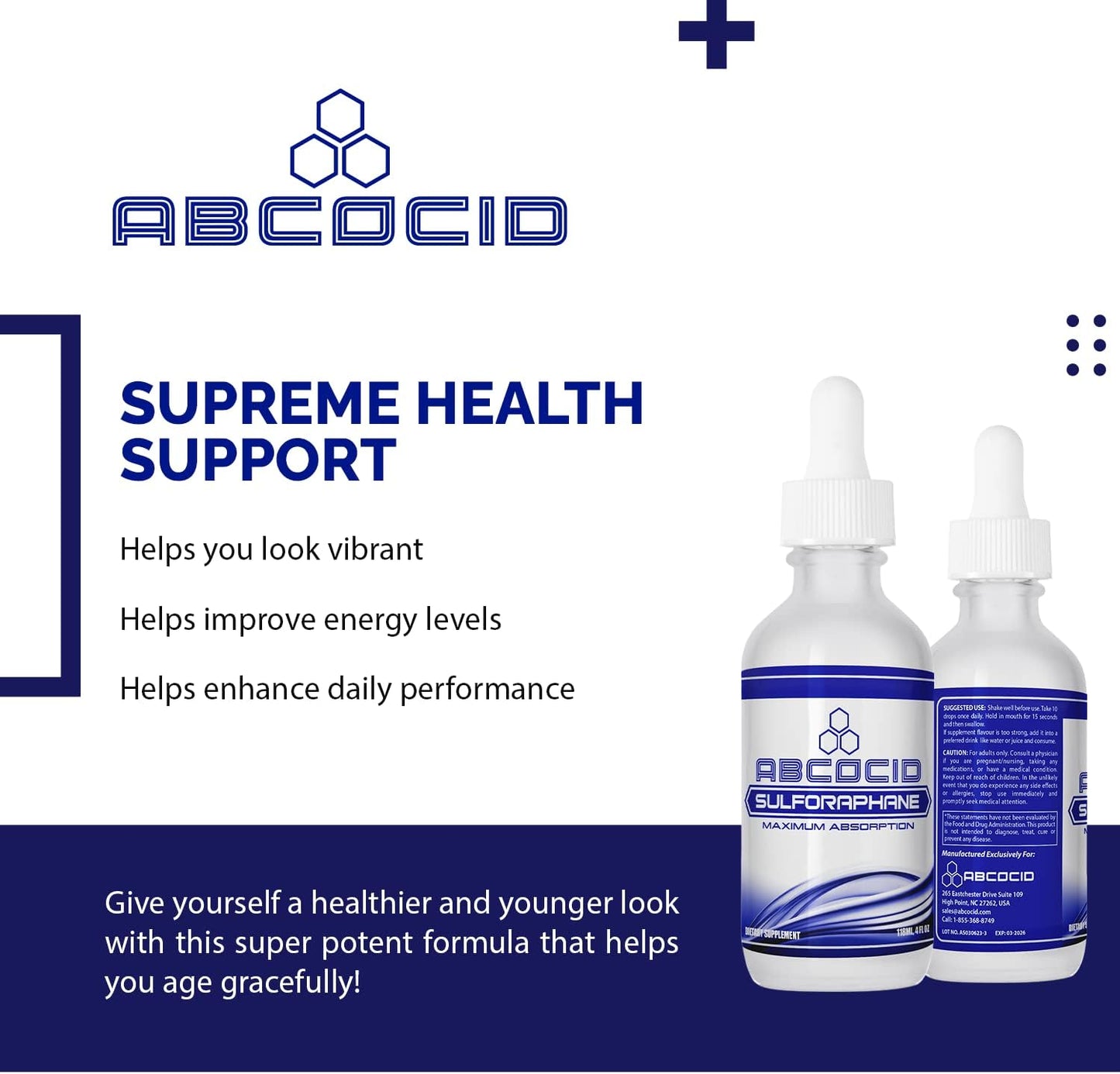 ABCOCID Sulforaphane Liquid Supplement 490mg - 4oz, Made in USA, High Absorption, Non-GMO, GMP Certified, Cruelty-Free