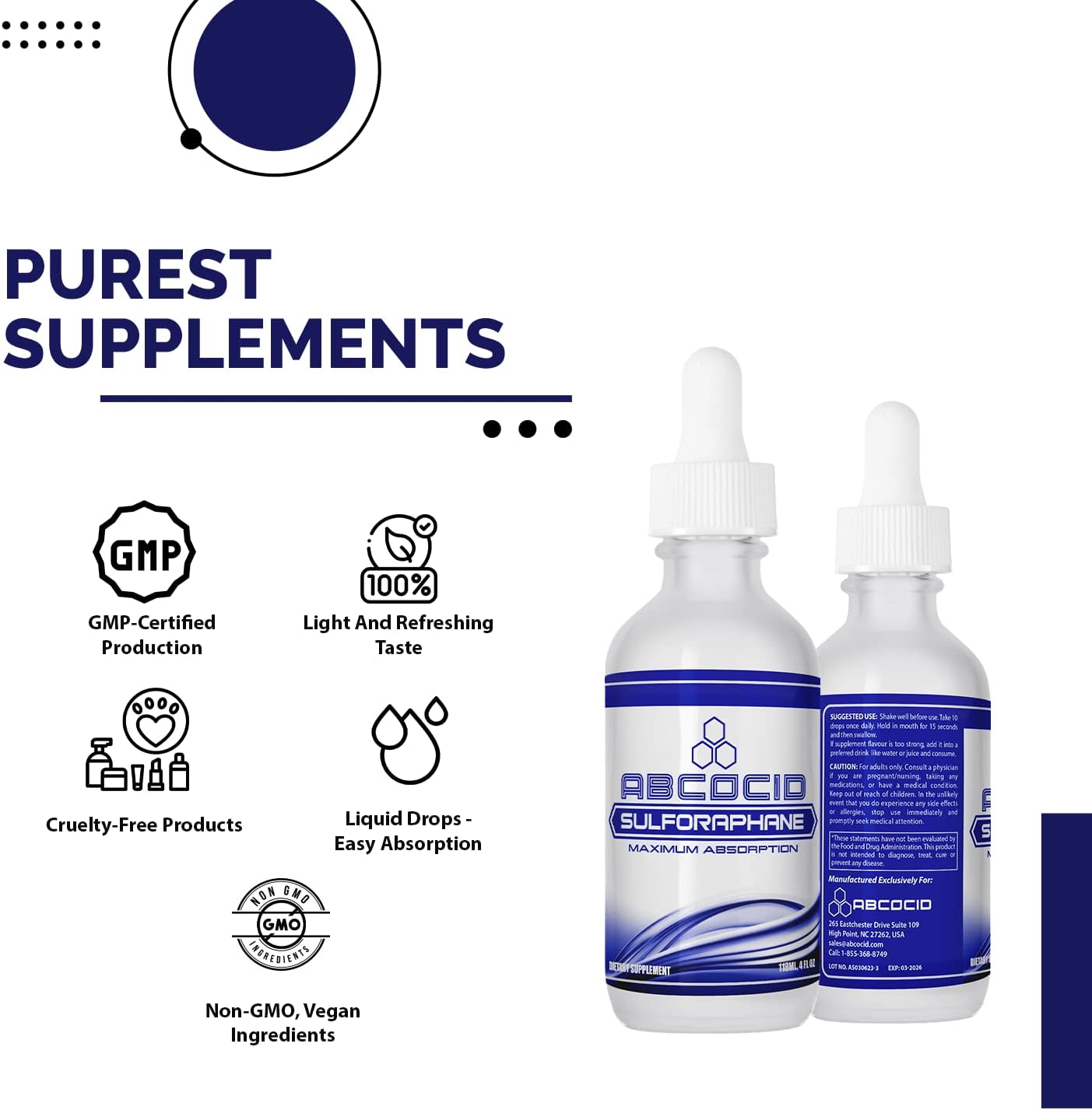 ABCOCID Sulforaphane Liquid Supplement 490mg - 4oz, Made in USA, High Absorption, Non-GMO, GMP Certified, Cruelty-Free