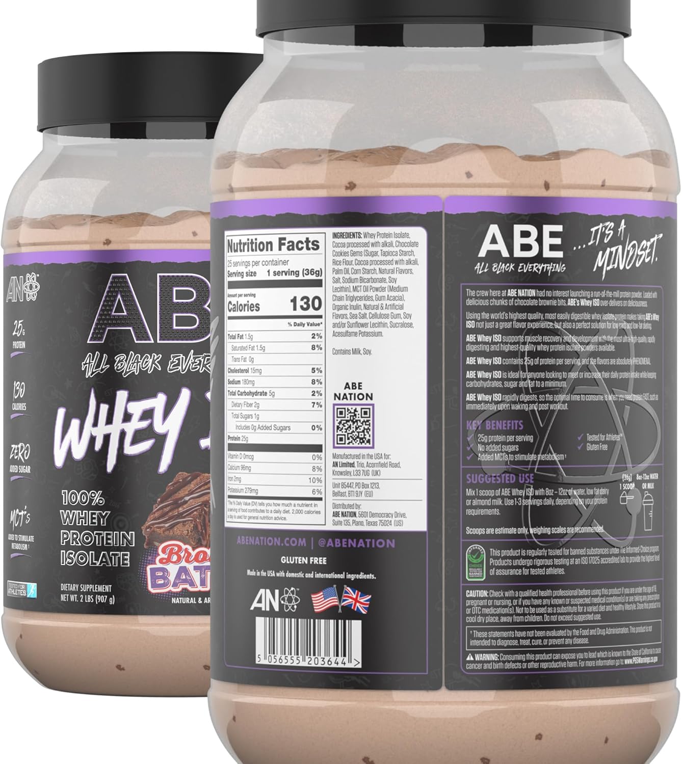 ABE All Black Everything Brownie Batter Whey Protein Powder | 25g Protein | 27 Servings | Isolate with Low Carbs, Sugar, & MCTs