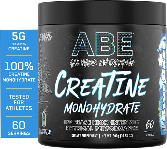 ABE All Black Everything Creatine Monohydrate Powder - Blue Razz Flavor | 60 Servings of Micronized Amino Acid for Muscle Support, Energy, and Cognitive Function | Gluten-Free & Keto-Friendly