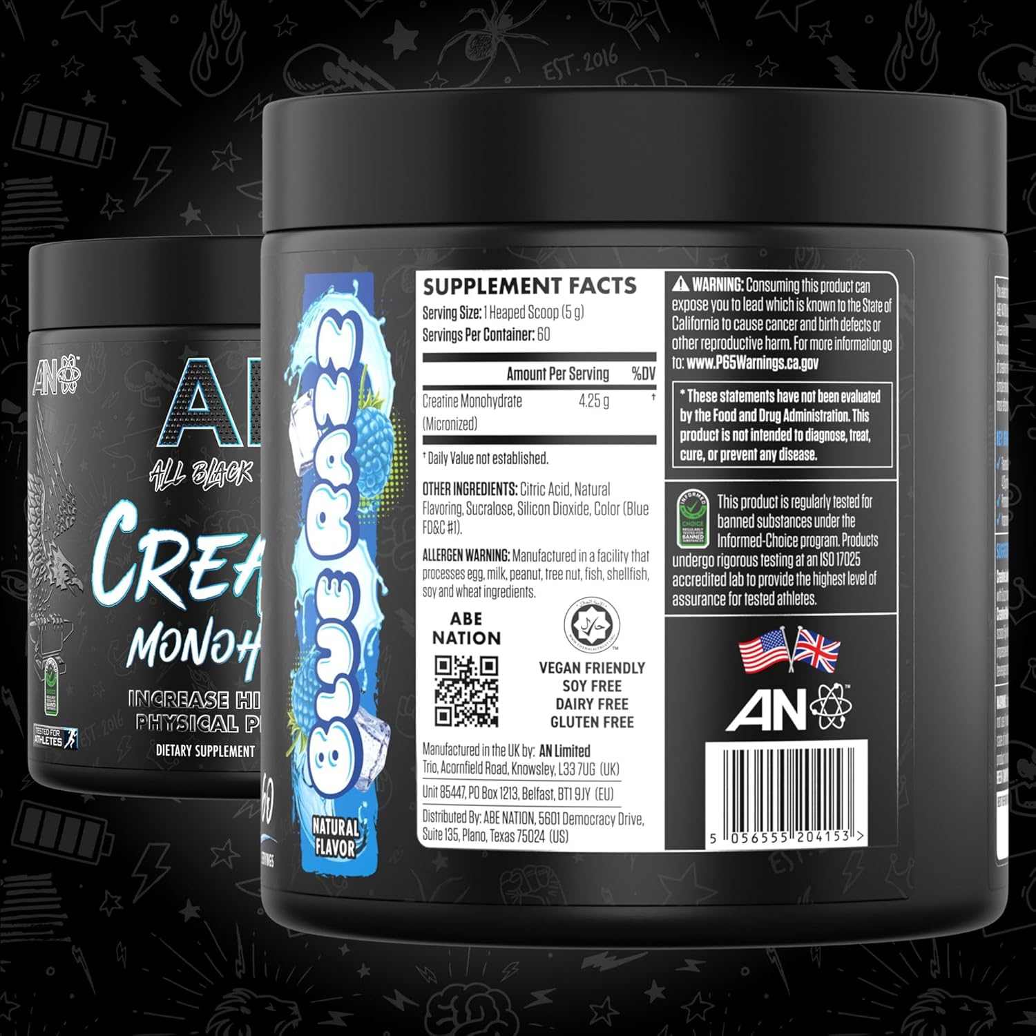 ABE All Black Everything Creatine Monohydrate Powder - Blue Razz Flavor | 60 Servings of Micronized Amino Acid for Muscle Support, Energy, and Cognitive Function | Gluten-Free & Keto-Friendly