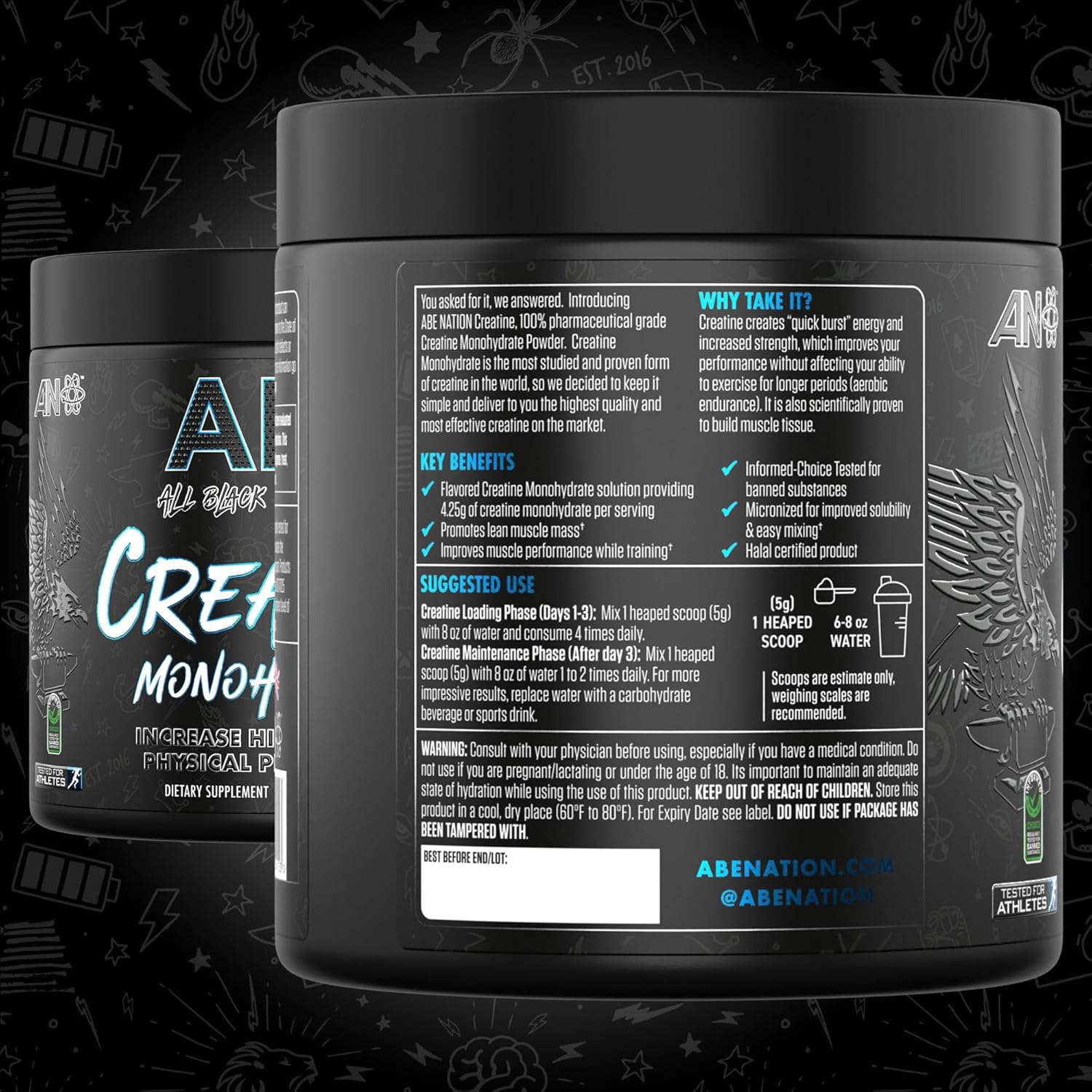 ABE All Black Everything Creatine Monohydrate Powder - Blue Razz Flavor | 60 Servings of Micronized Amino Acid for Muscle Support, Energy, and Cognitive Function | Gluten-Free & Keto-Friendly