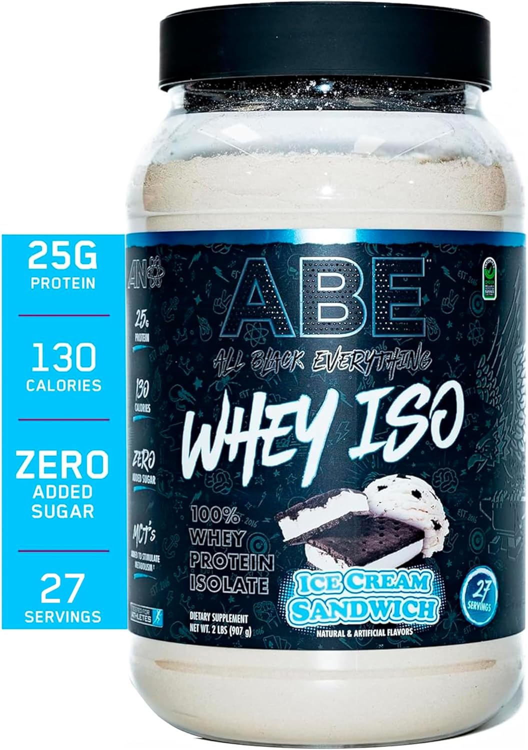 ABE All Black Everything Whey Protein Powder - Ice Cream Sandwich Flavor - 25g Protein, 27 Servings, Isolate, Low Carbs & Sugar, MCTs