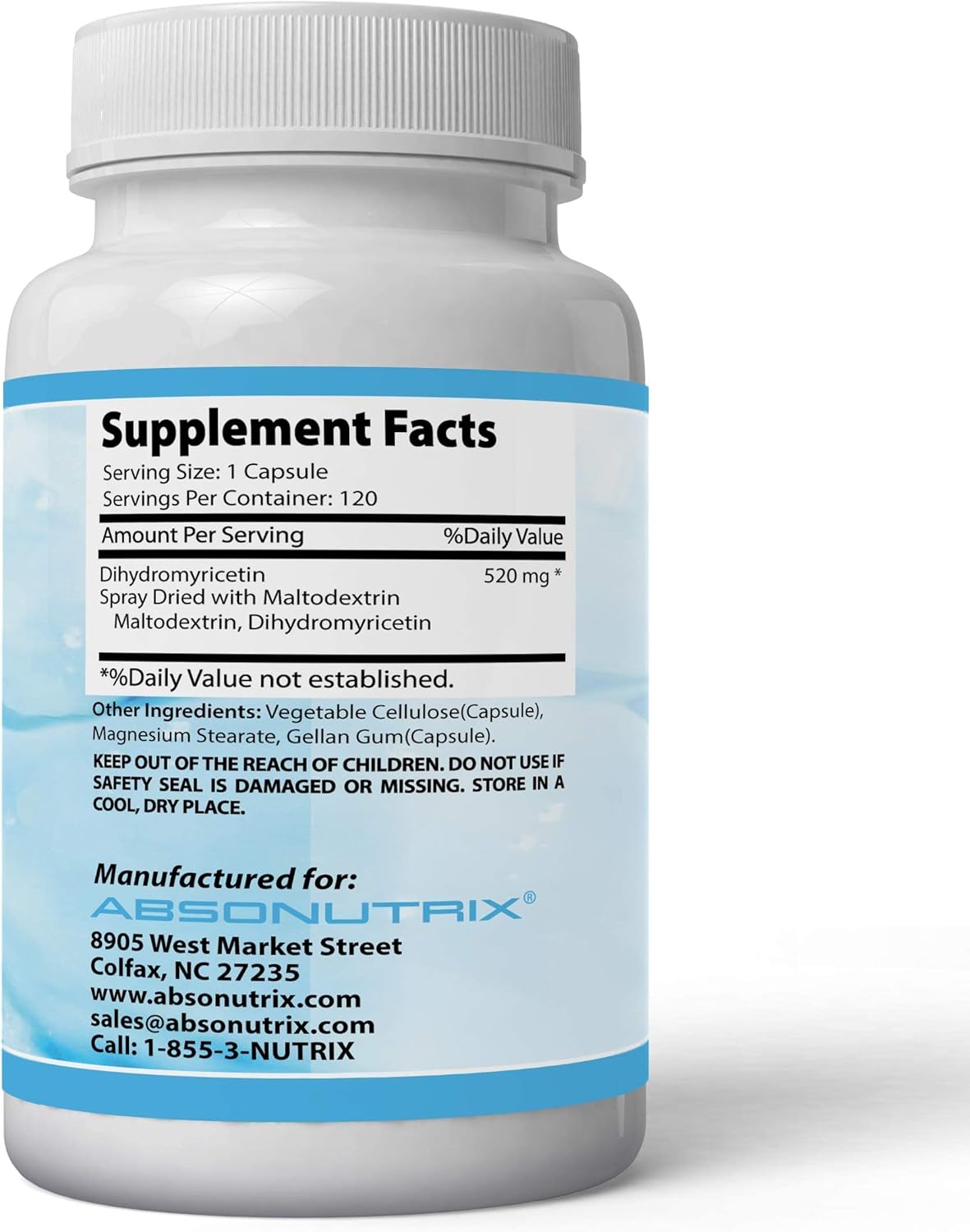 Absonutrix Dihydromyricetin 520mg - 4oz Bottle, 120 Servings, Made in USA, Fast Absorption, High-Quality Potent Ingredients, Third-Party Tested, Non-GMO, GMP Certified, Cruelty-Free