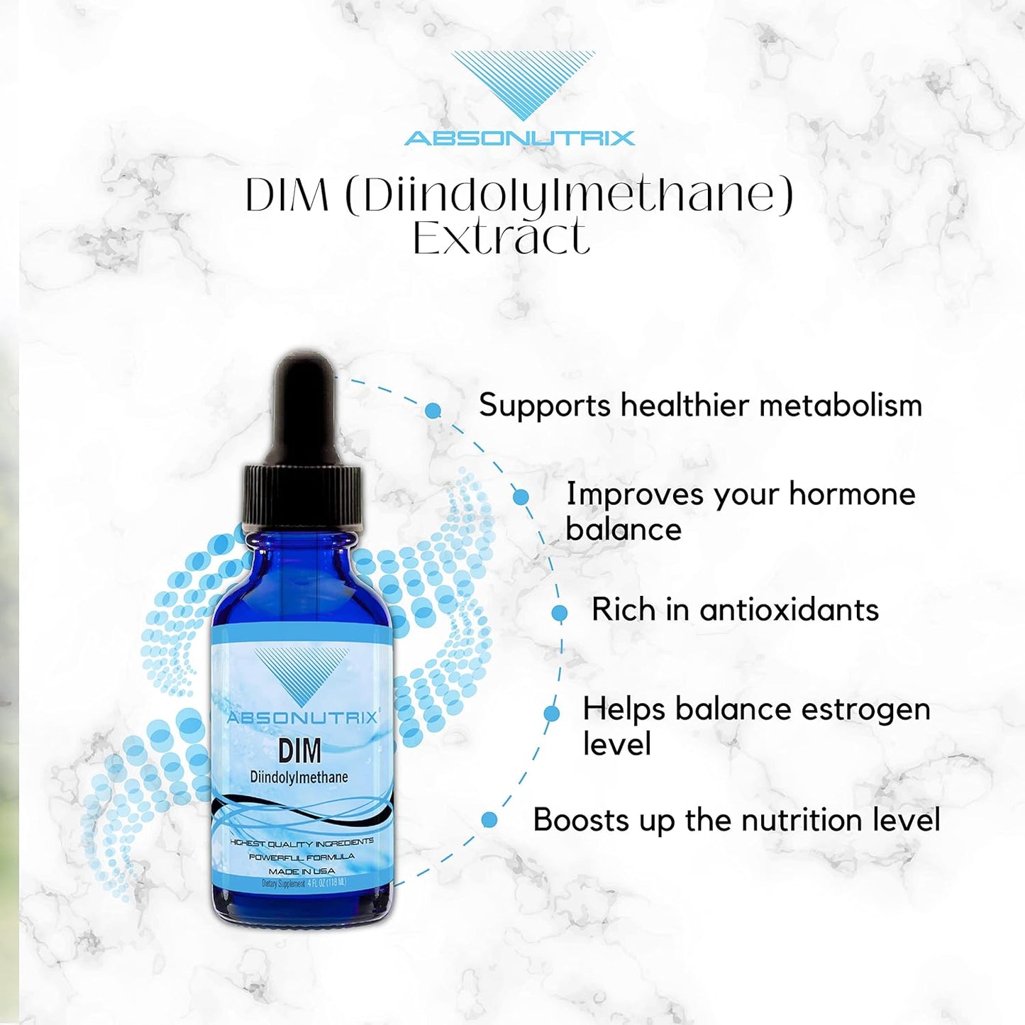 Absonutrix DIM Extract 593mg - 4 Oz Bottle - 200 Servings - Third-Party Tested - Quick Absorption - Gluten-Free - GMP-Certified - Non-GMO - Made in USA