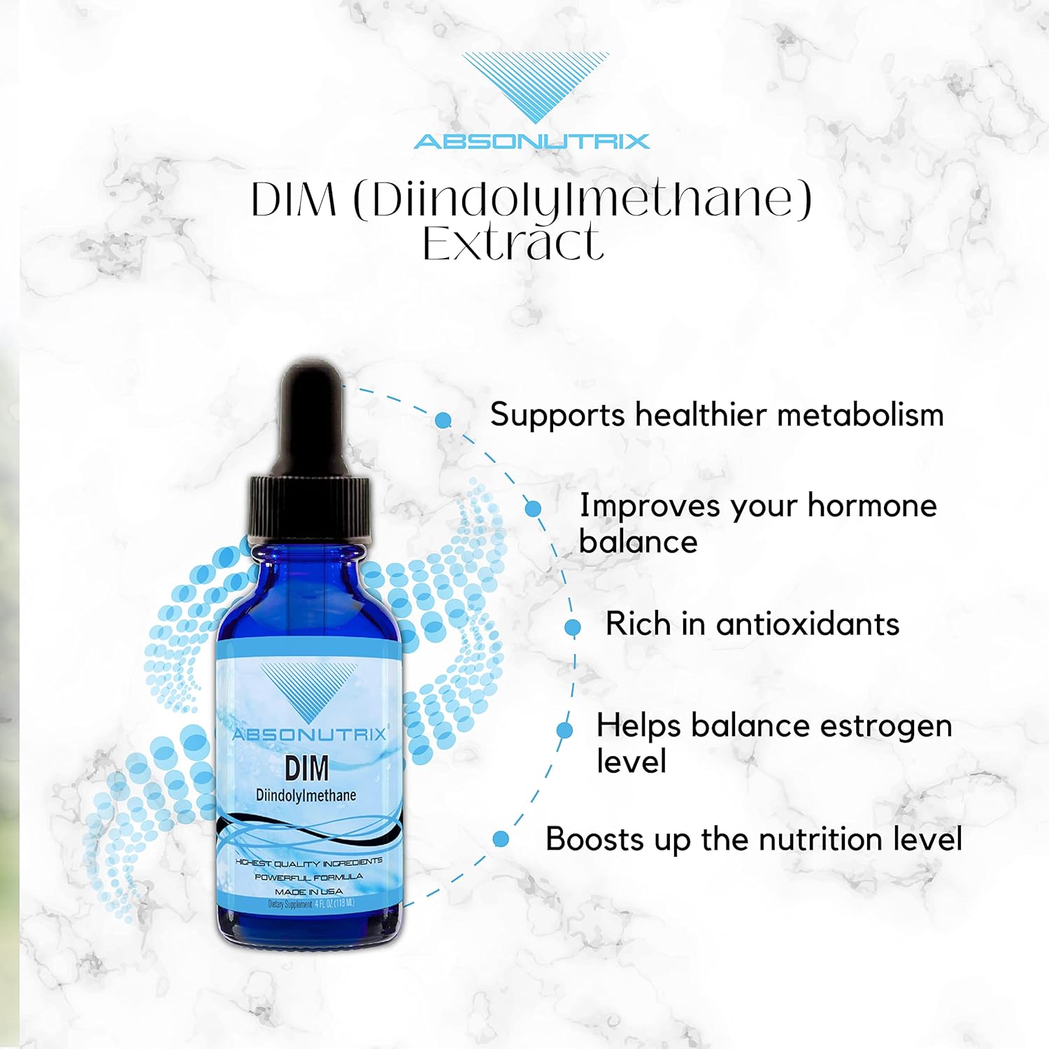 Absonutrix DIM Extract 593mg - 4 Oz Bottle - 200 Servings - Third-Party Tested - Quick Absorption - Gluten-Free - GMP-Certified - Non-GMO - Made in USA