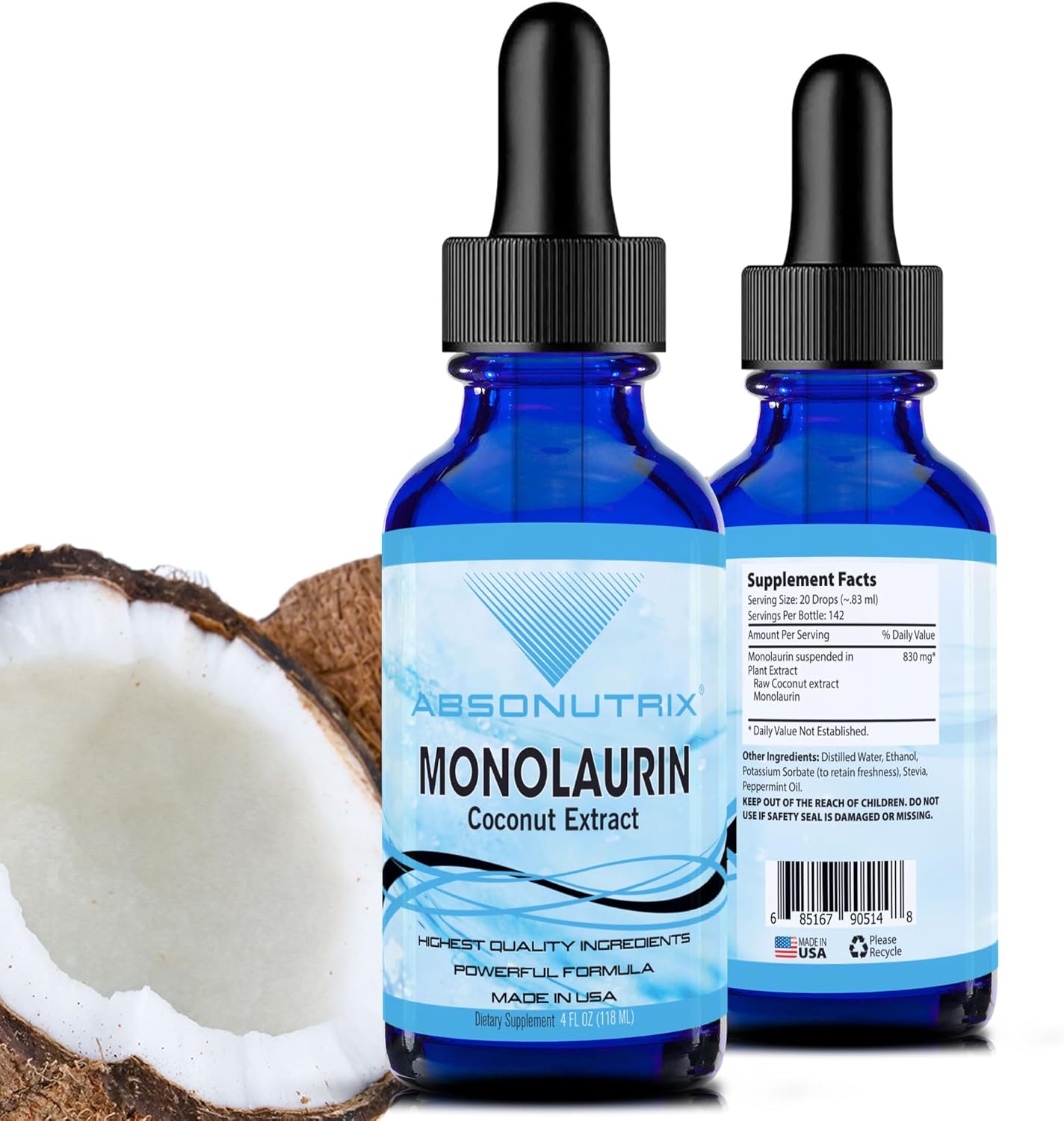 Absonutrix Monolaurin Liquid Extract - 4oz, 830mg, 142 Servings, USA Made, Quick Absorption, Non-GMO, GMP Certified, Cruelty-Free