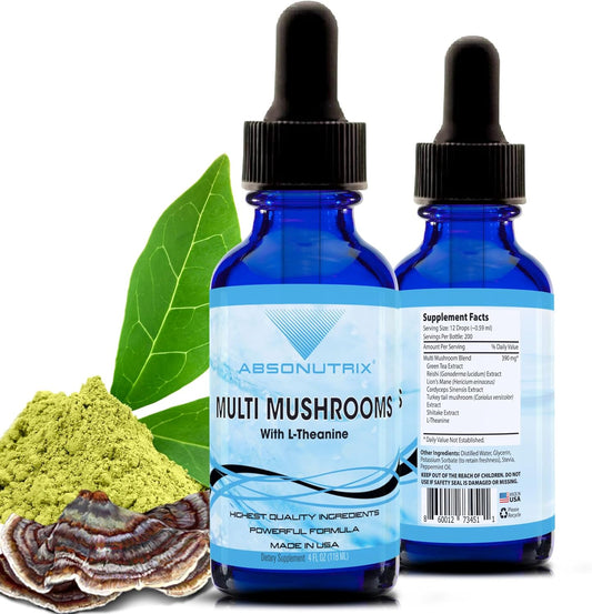 Absonutrix Multi Mushrooms Liquid Supplement - 390mg, 4oz Bottle, 200 Servings - Made in USA, Quick Absorption, Quality Ingredients - Non-GMO, GMP Certified, Cruelty-Free