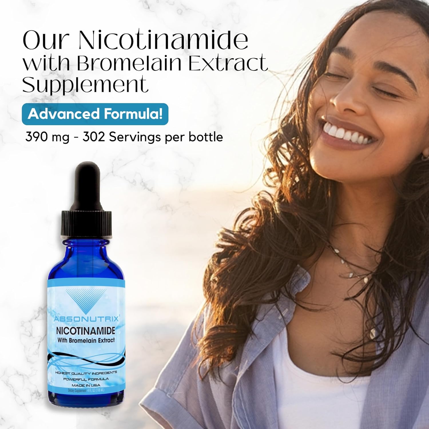 Absonutrix Nicotinamide with Bromelain Extract Liquid - Advanced Formula 390 mg, 4 Oz, 302 Servings - Made in USA - Quick Absorption - Non-GMO - GMP Certified