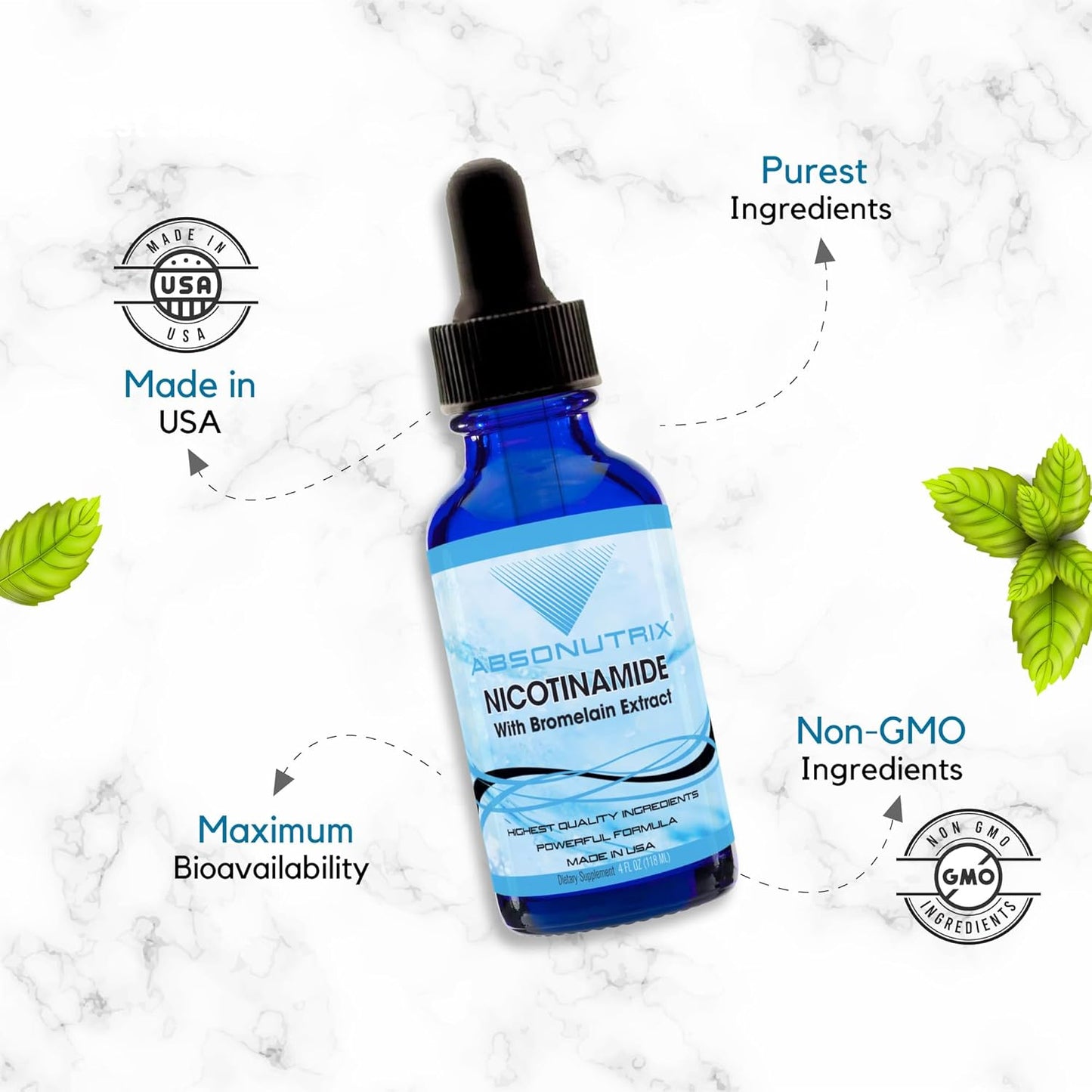Absonutrix Nicotinamide with Bromelain Extract Liquid - Advanced Formula 390 mg, 4 Oz, 302 Servings - Made in USA - Quick Absorption - Non-GMO - GMP Certified