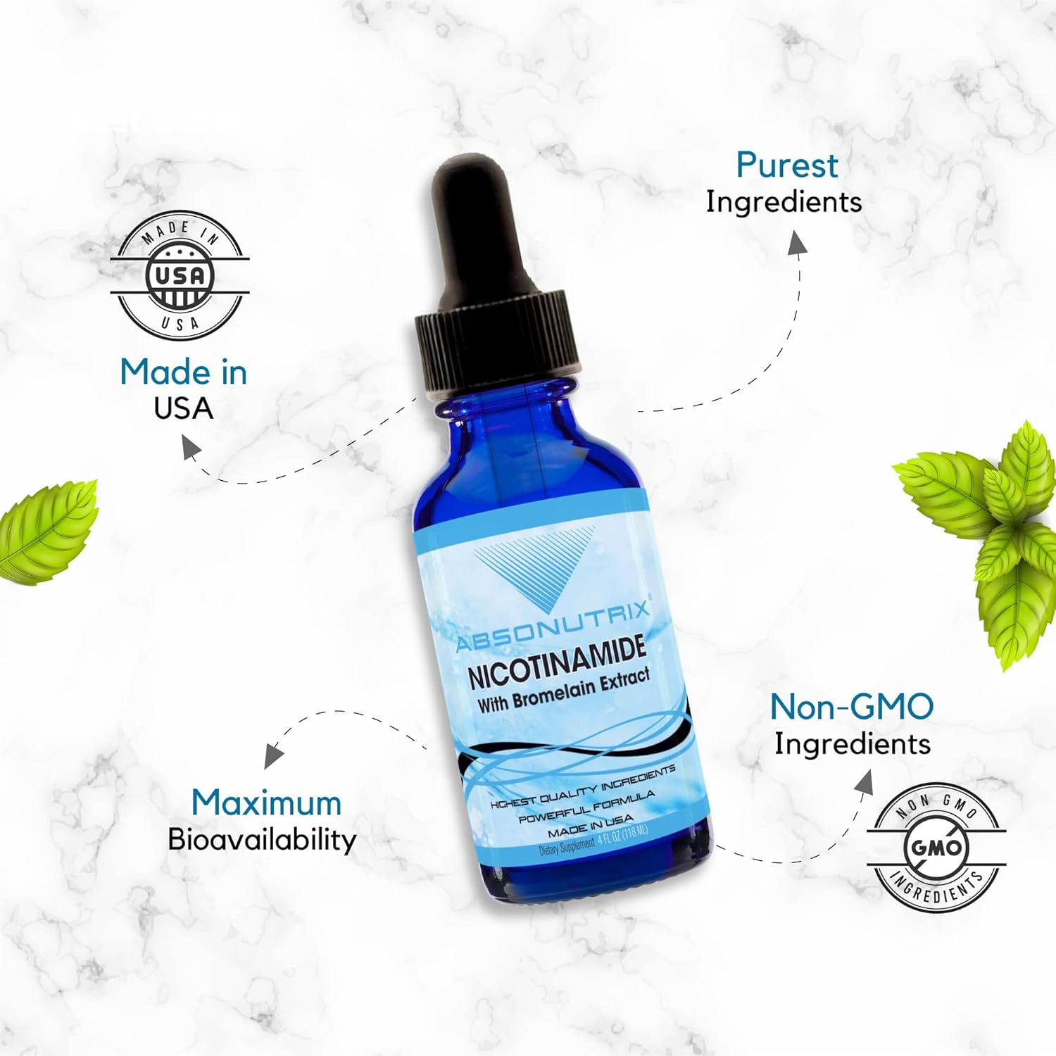 Absonutrix Nicotinamide with Bromelain Extract Liquid - Advanced Formula 390 mg, 4 Oz, 302 Servings - Made in USA - Quick Absorption - Non-GMO - GMP Certified