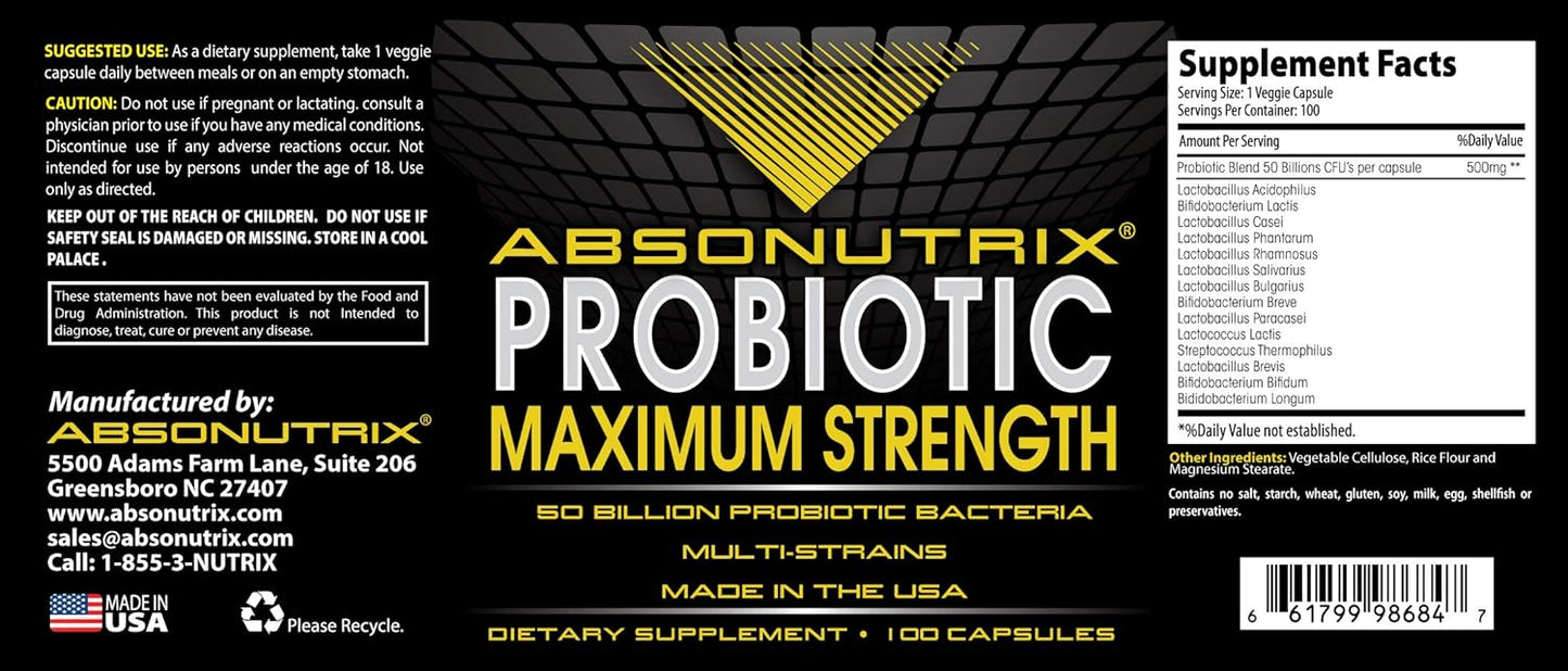 Absonutrix Probiotic Maximum Strength - 50 Billion CFU Multi-Strain, 100 Capsules
