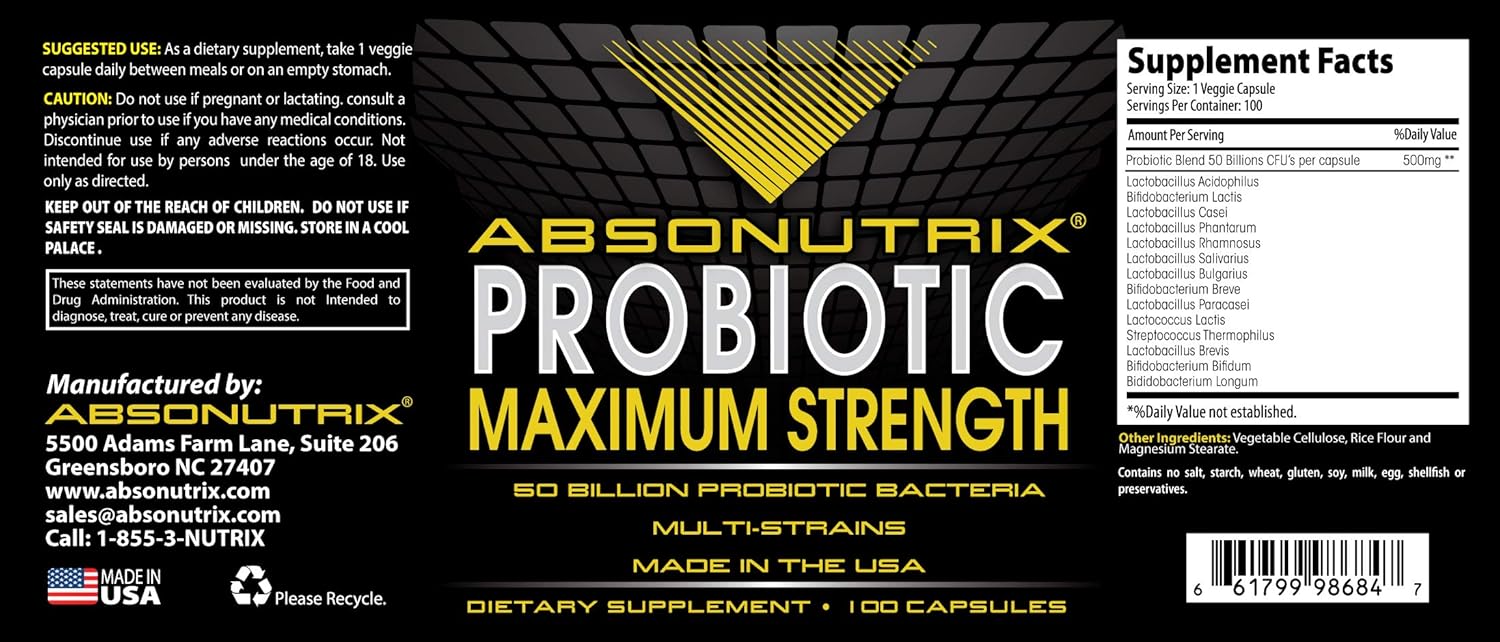 Absonutrix Probiotic Maximum Strength - 50 Billion CFU Multi-Strain, 100 Capsules