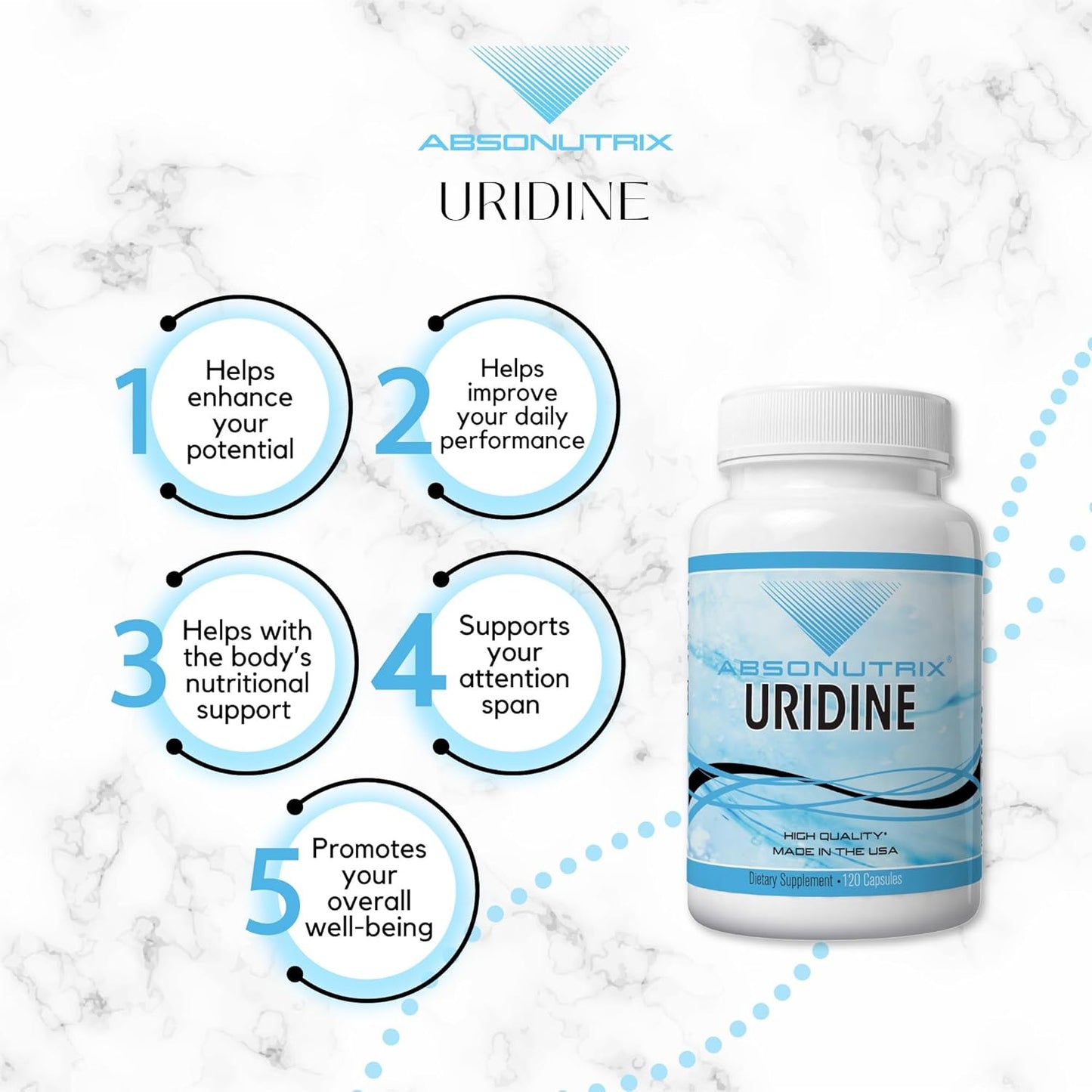 Absonutrix Uridine Monophosphate Capsules 500mg - 120 Vegetable Capsules - Memory Support - Made in USA