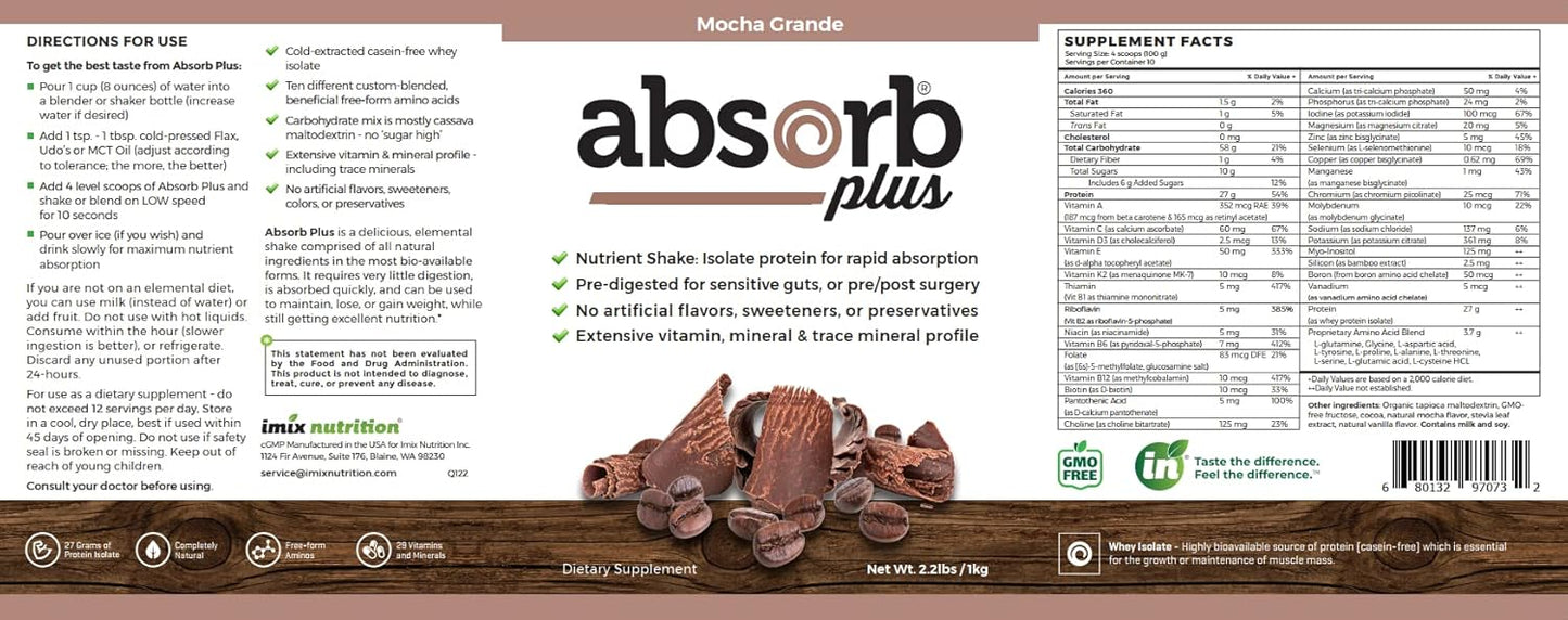 Absorb Plus Isolate Protein - 2.2 Lbs Mocha Grande - Non-GMO, Gluten-Free, Lactose-Free, Casein-Free - Supports Gut Health & Nutrition