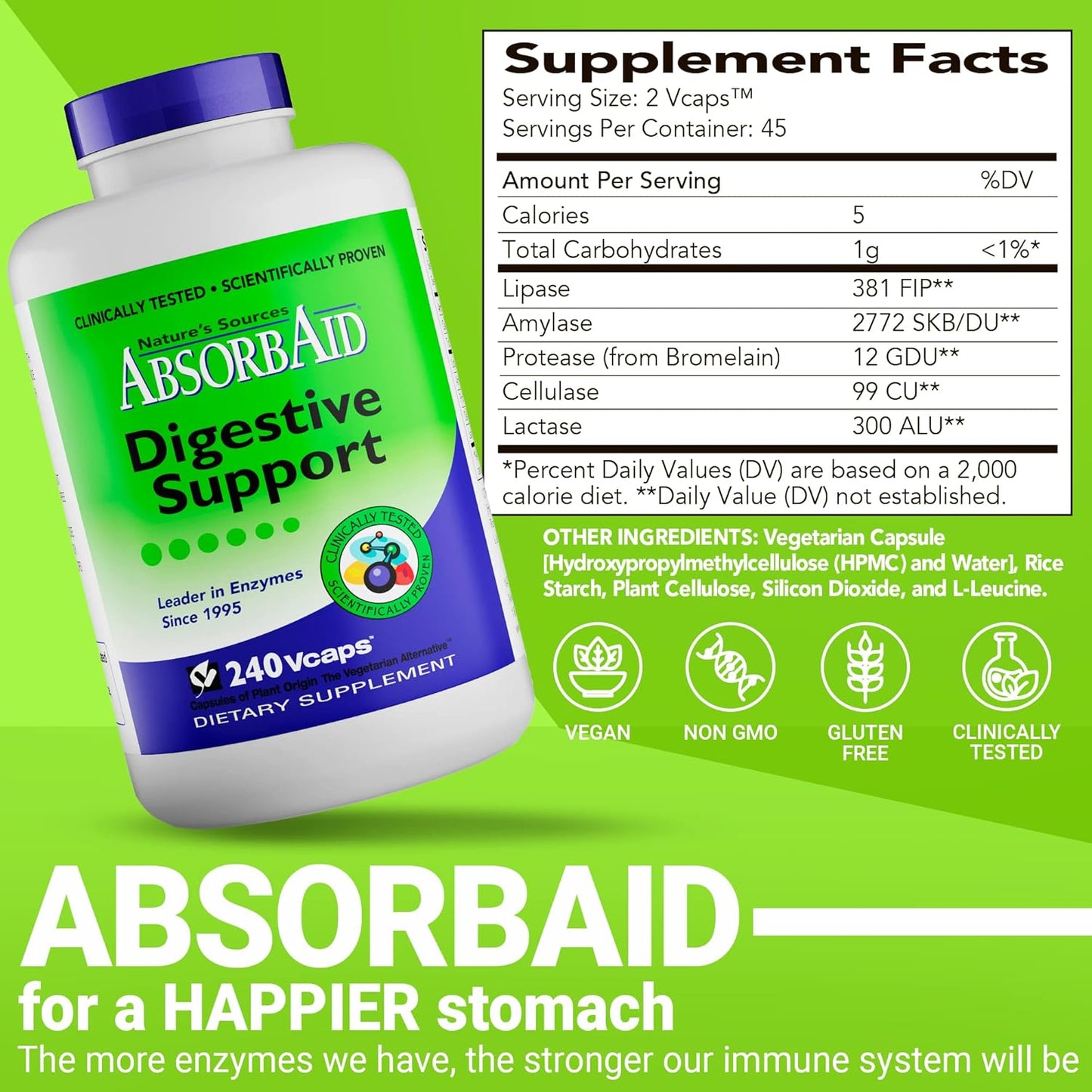 AbsorbAid Digestive Enzymes: 240 vCaps Boost Nutrient Absorption up to 71%