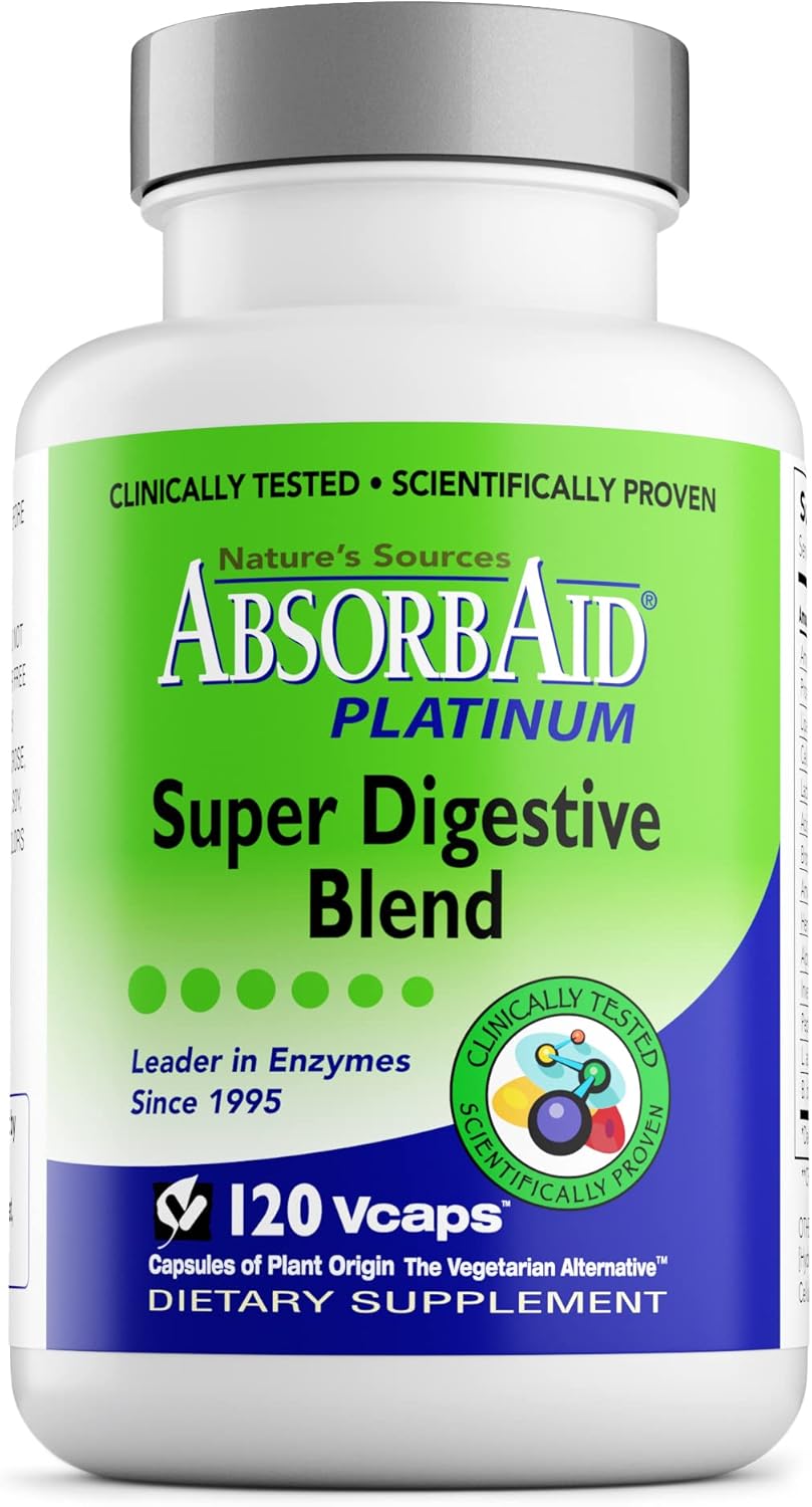 AbsorbAid Platinum Digestive Enzyme Support with 12 Enzymes and 2 Probiotics - 120 vCaps for Maximum Relief