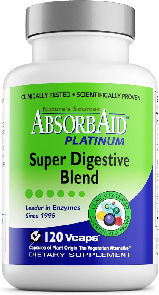 AbsorbAid Platinum Digestive Enzyme Support with 12 Enzymes and 2 Probiotics - 120 vCaps for Maximum Relief