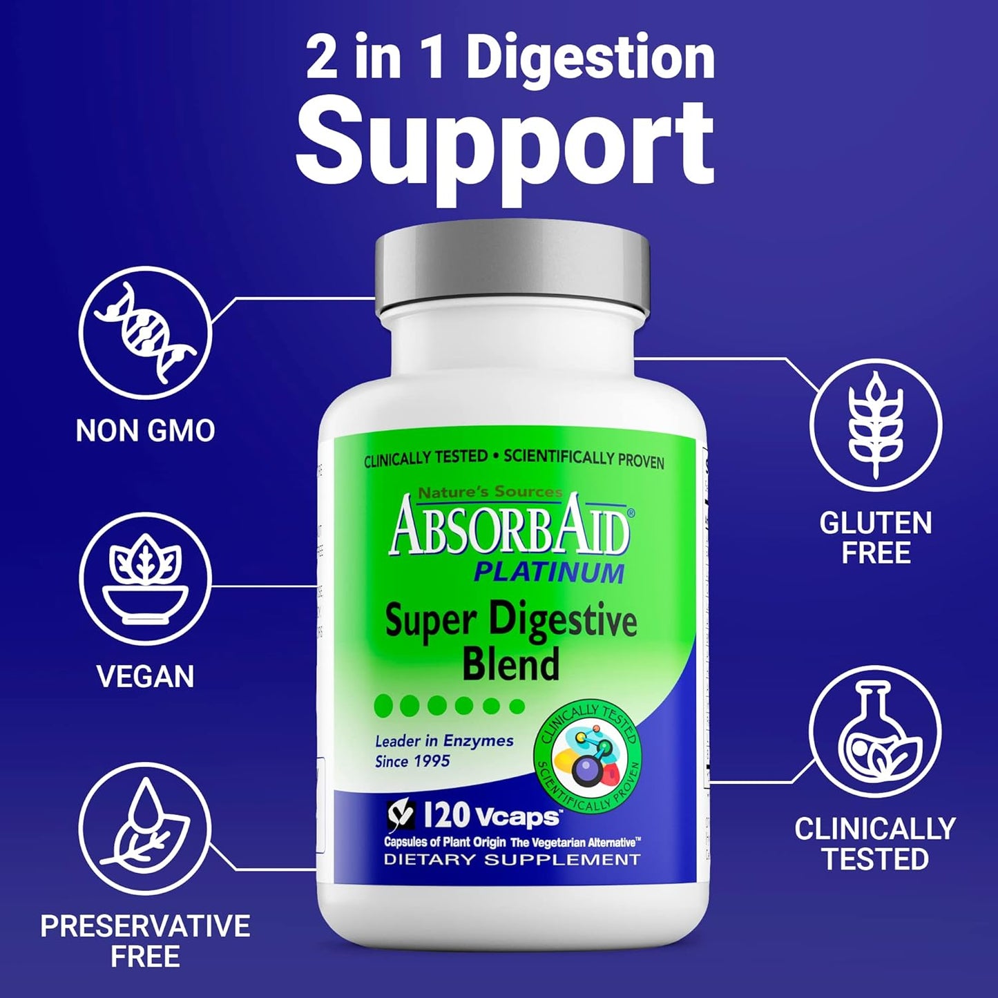 AbsorbAid Platinum Digestive Enzyme Support with 12 Enzymes and 2 Probiotics - 120 vCaps for Maximum Relief
