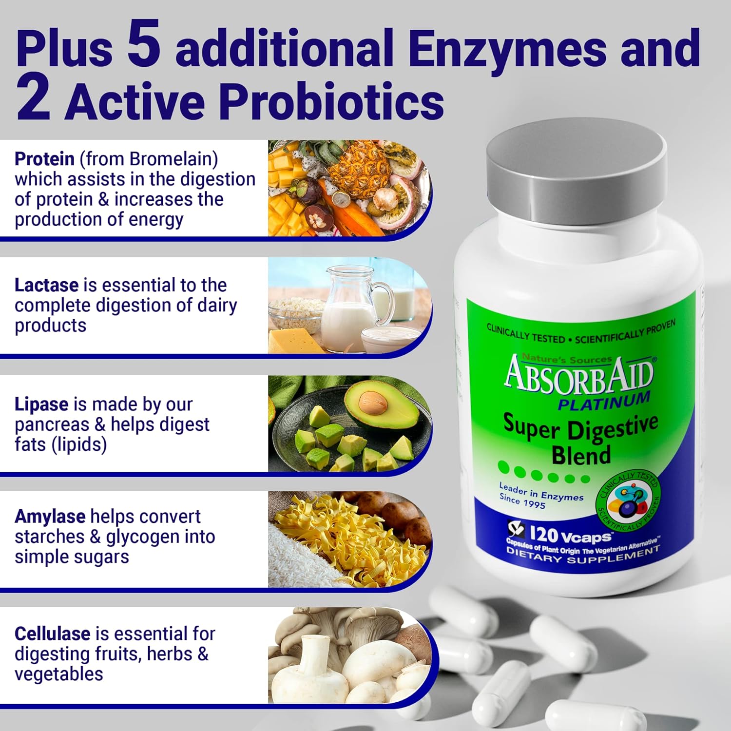 AbsorbAid Platinum Digestive Enzyme Support with 12 Enzymes and 2 Probiotics - 120 vCaps for Maximum Relief